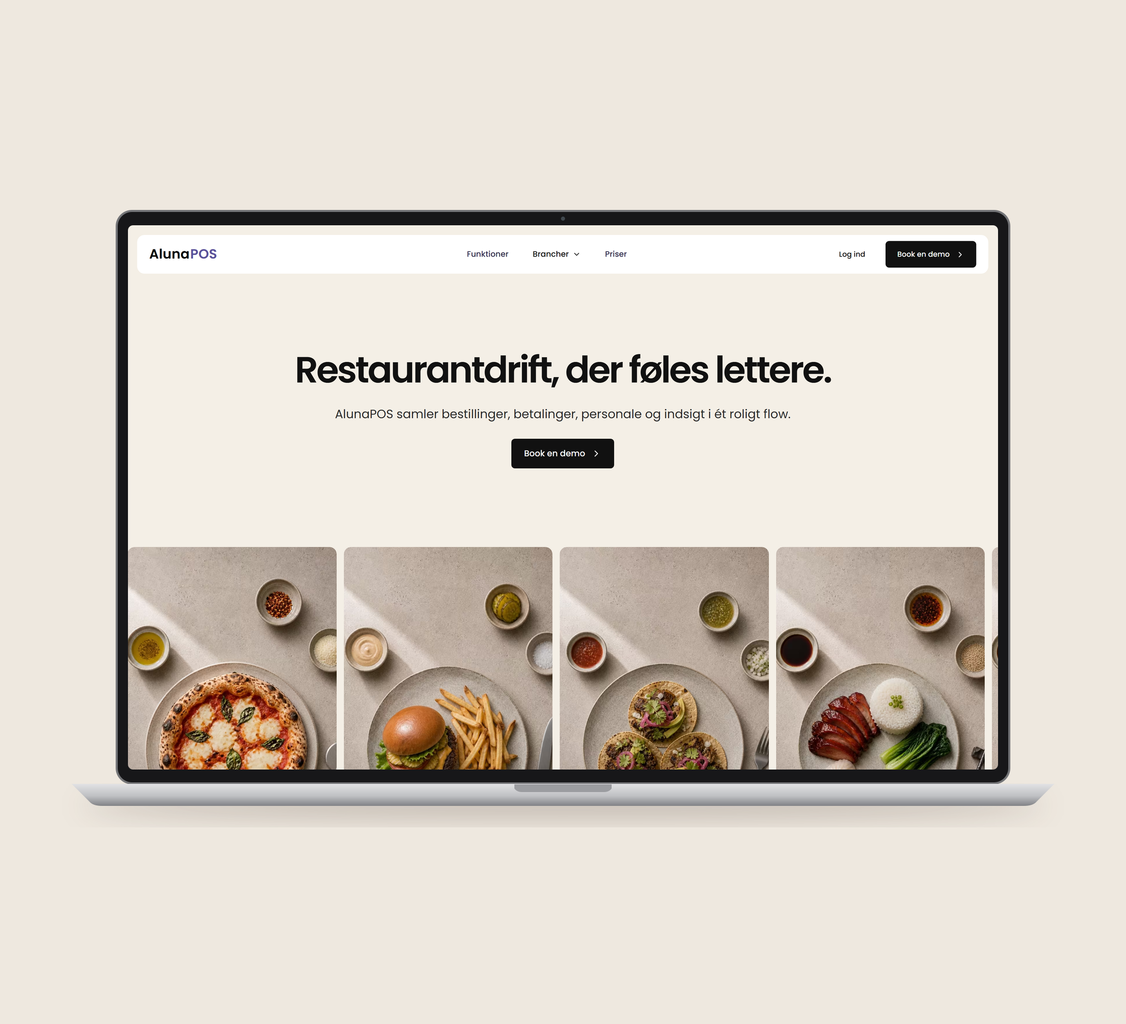 AlunaPOS: forside vist lige forfra på laptop på en ensfarvet studiobaggrund.