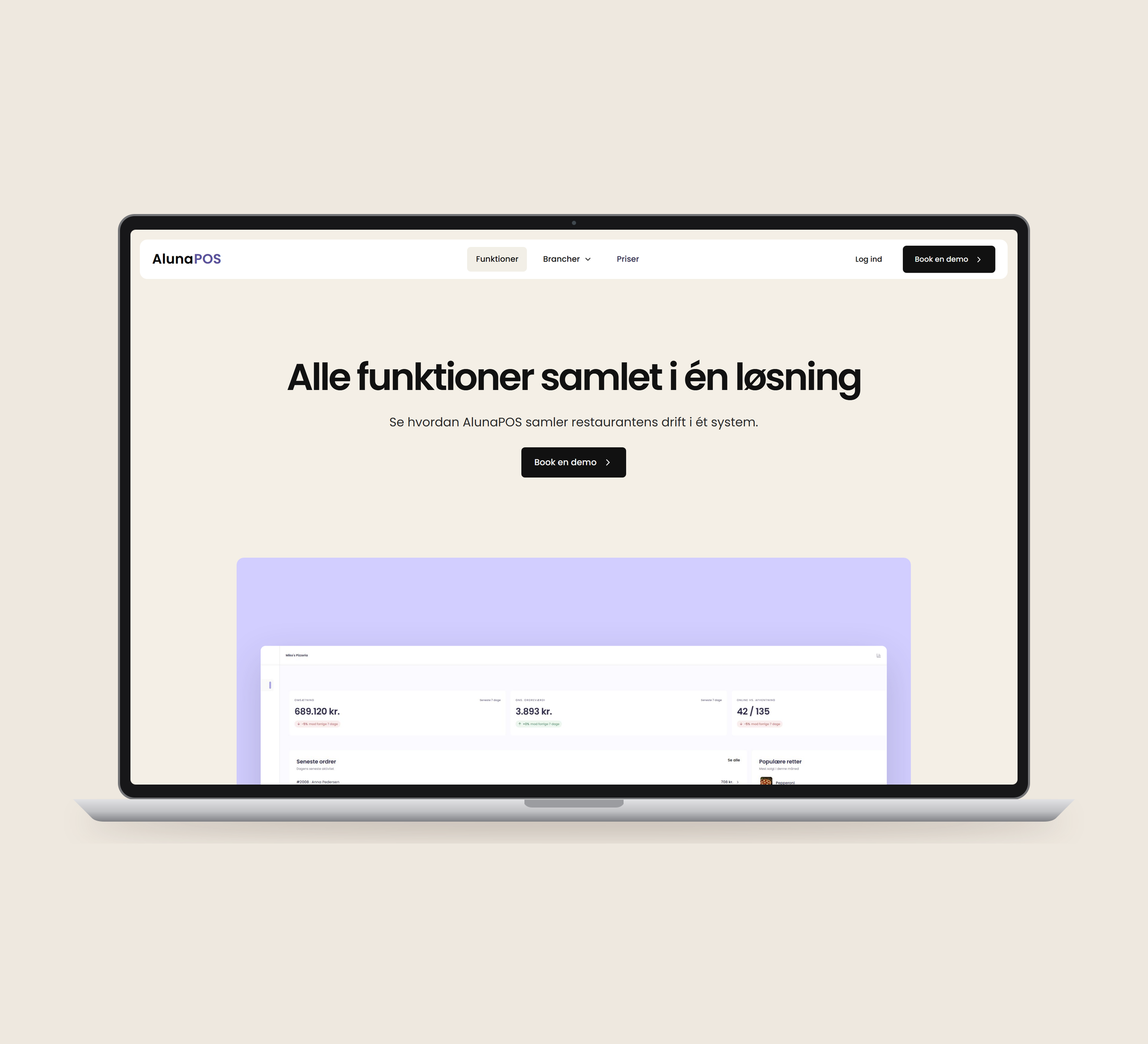 AlunaPOS: funktioner vist lige forfra på laptop på en ensfarvet studiobaggrund.