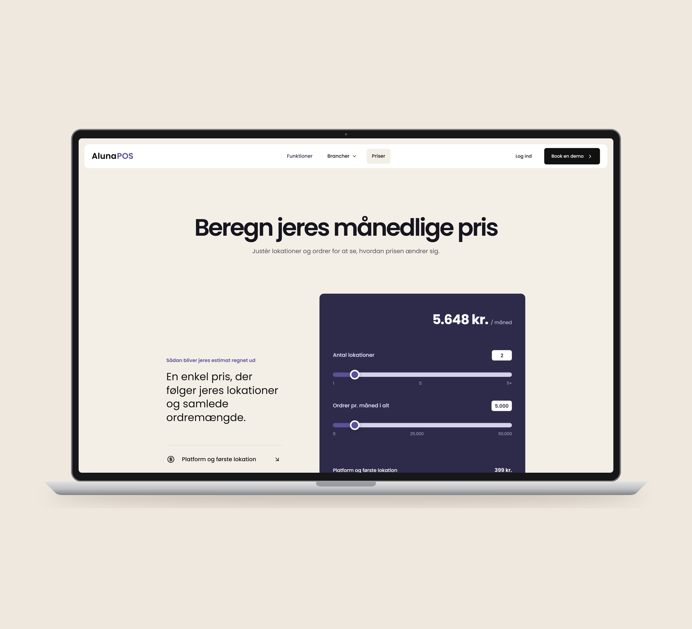 AlunaPOS: priser vist lige forfra på laptop på en ensfarvet studiobaggrund.