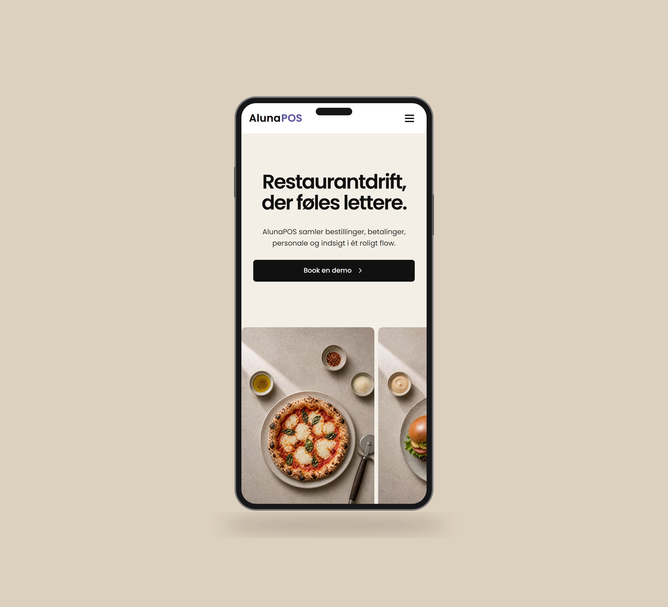 AlunaPOS: forside vist lige forfra på mobil på en ensfarvet studiobaggrund.