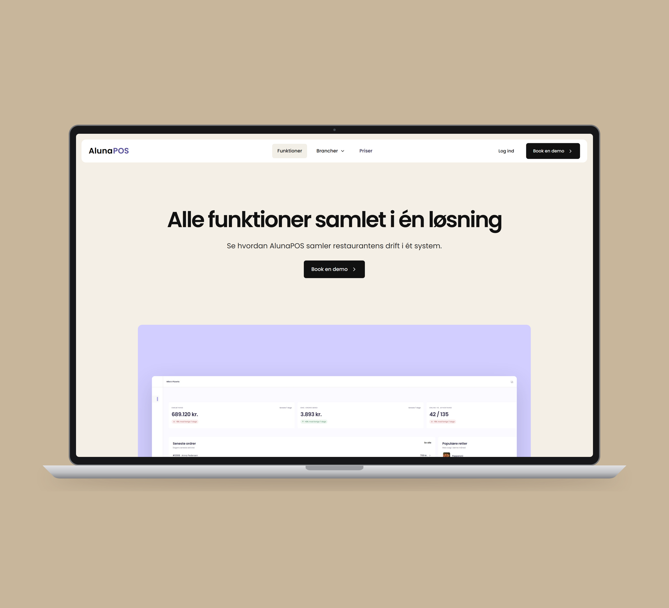 AlunaPOS: funktioner vist lige forfra på laptop på en ensfarvet studiobaggrund.