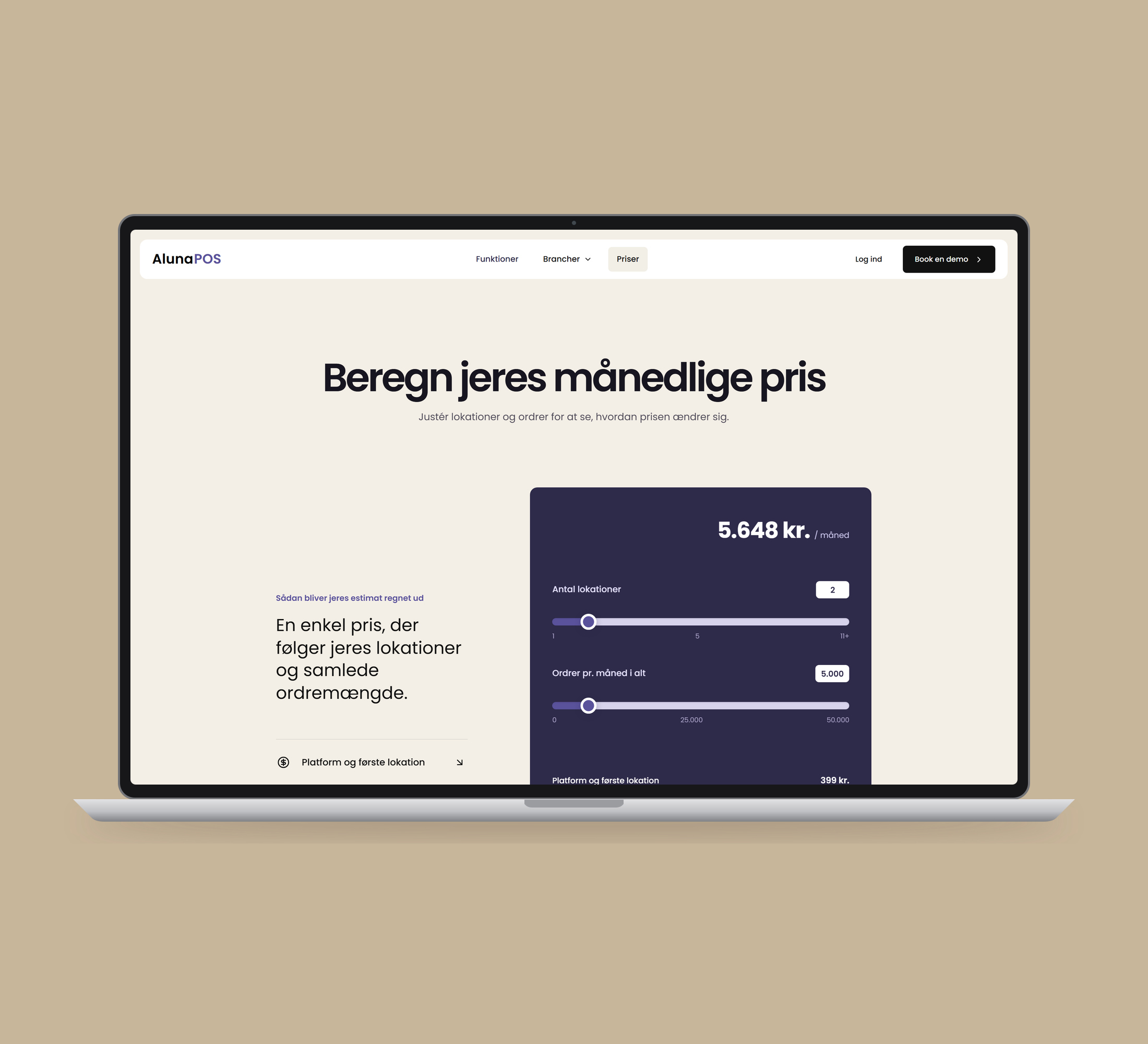 AlunaPOS: priser vist lige forfra på laptop på en ensfarvet studiobaggrund.
