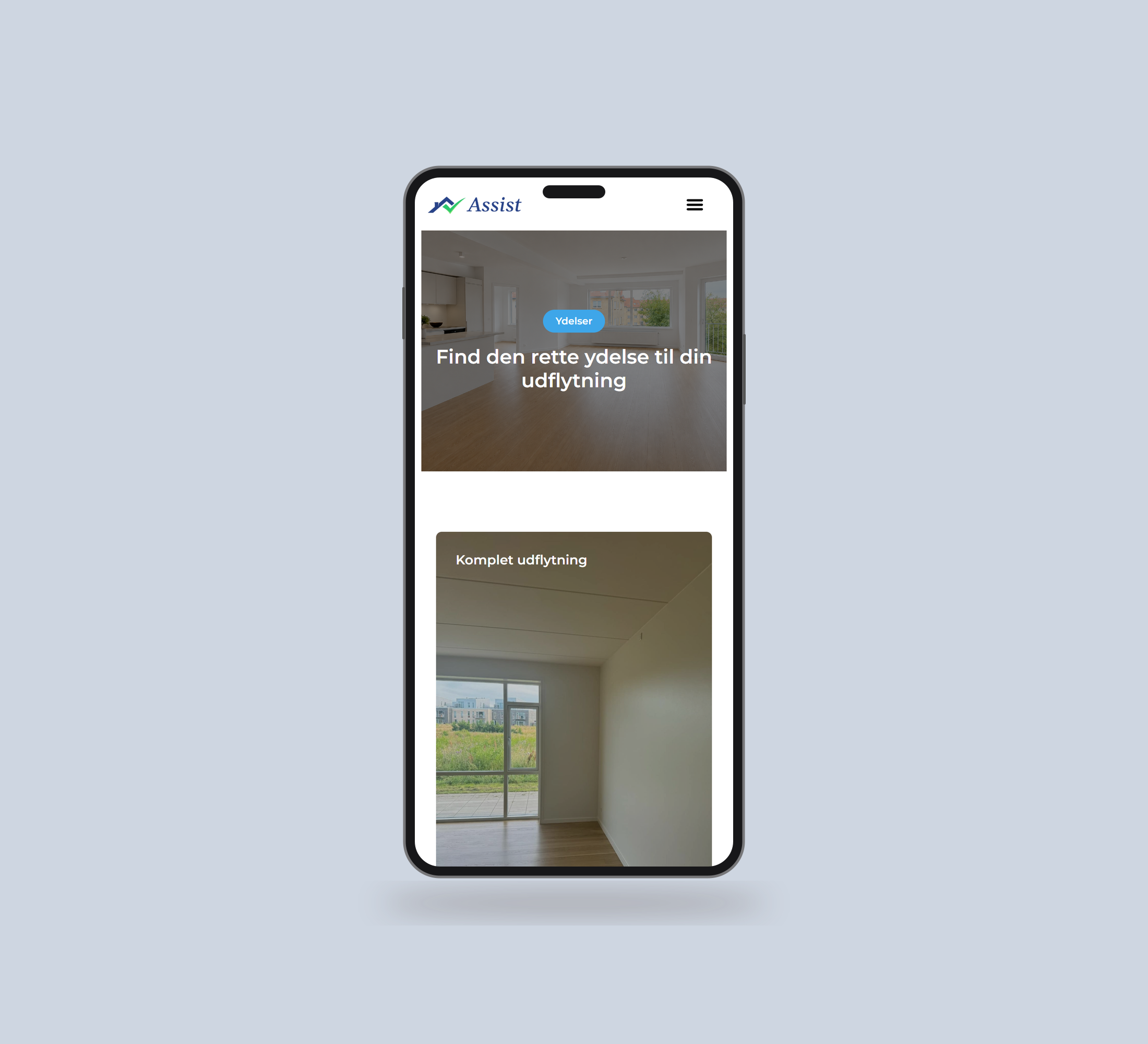 Assist You: ydelser vist lige forfra på mobil på en ensfarvet studiobaggrund.