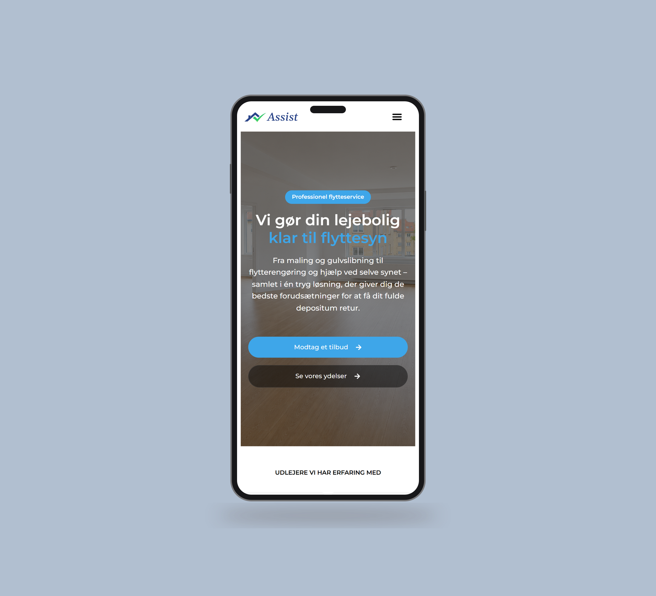 Assist You: forside vist lige forfra på mobil på en ensfarvet studiobaggrund.