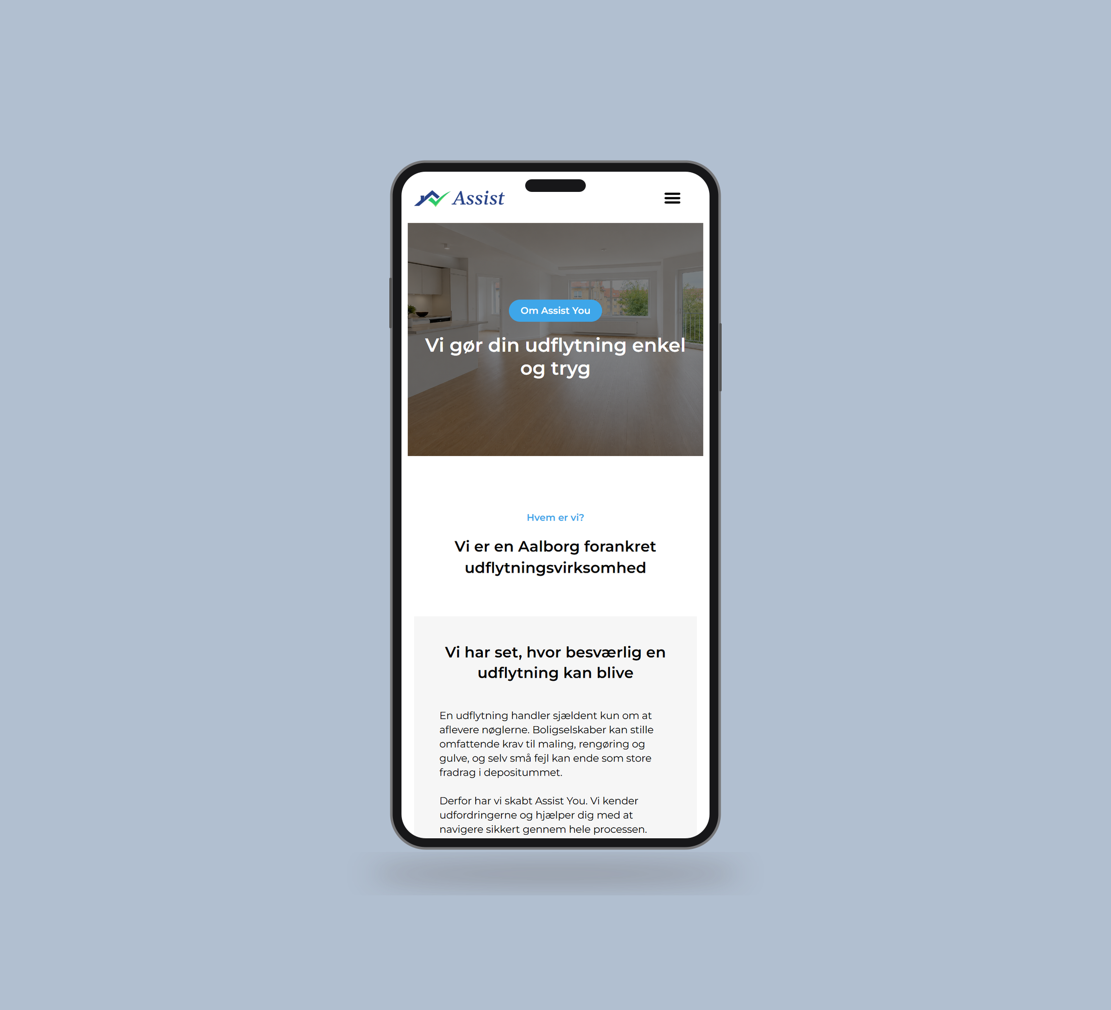 Assist You: om assist you vist lige forfra på mobil på en ensfarvet studiobaggrund.