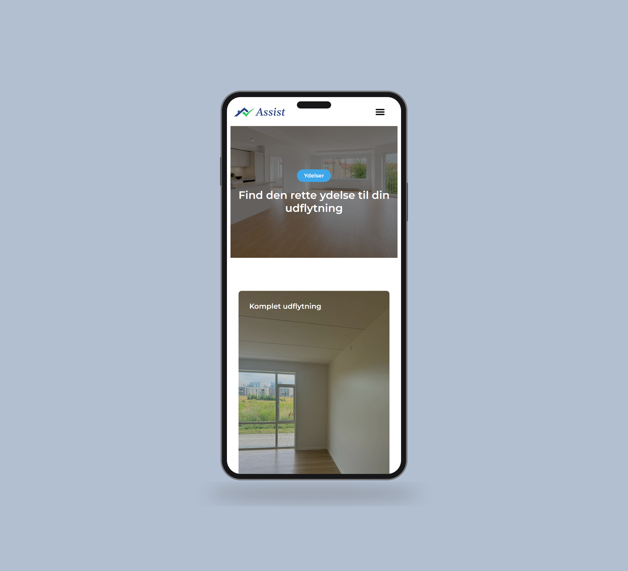 Assist You: ydelser vist lige forfra på mobil på en ensfarvet studiobaggrund.