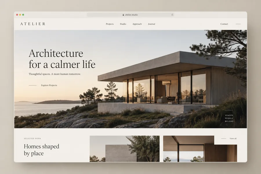 Hjemmesidekoncept til et arkitektstudio.