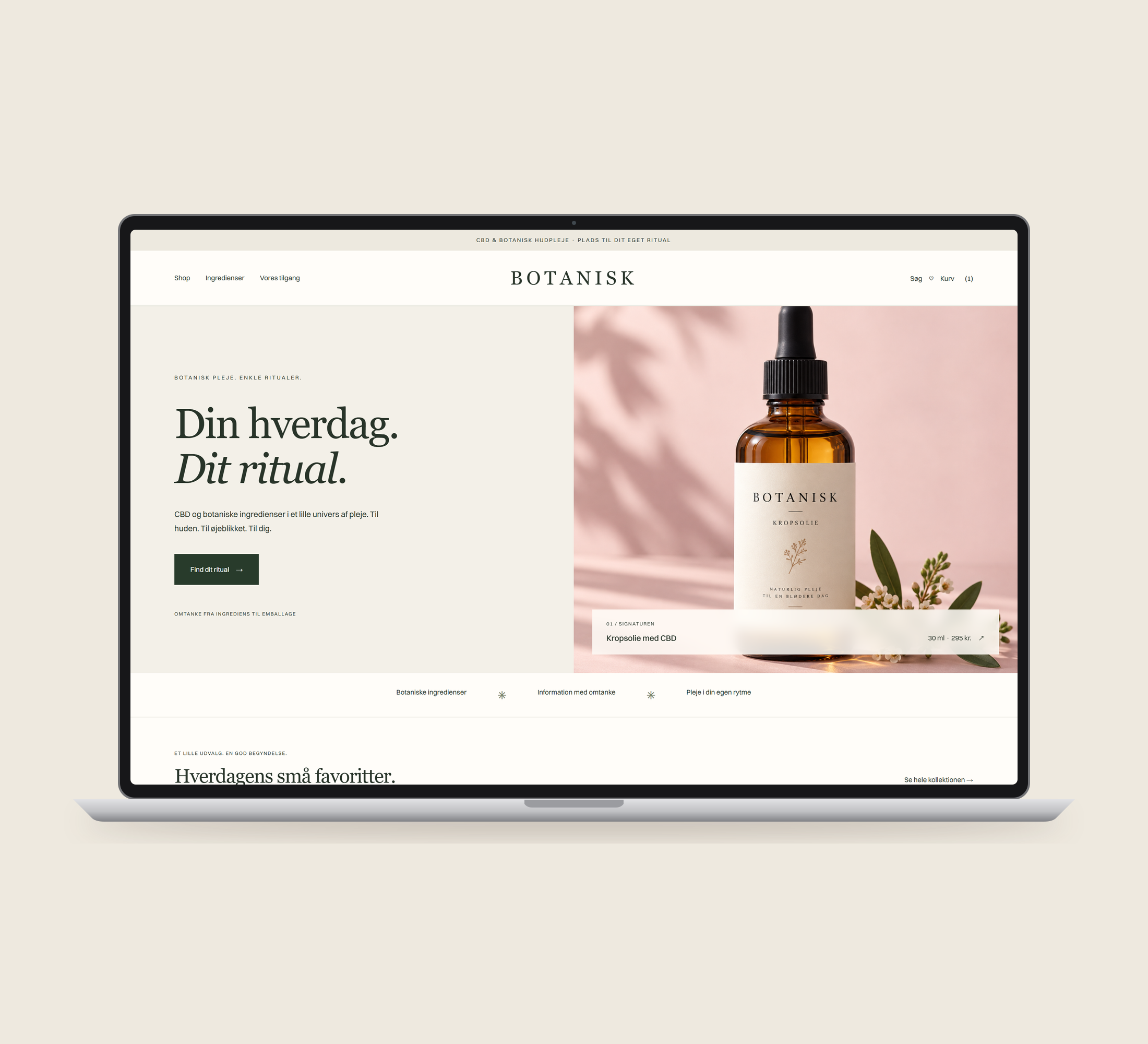 Botanisk: forside vist lige forfra på laptop på en ensfarvet studiobaggrund.