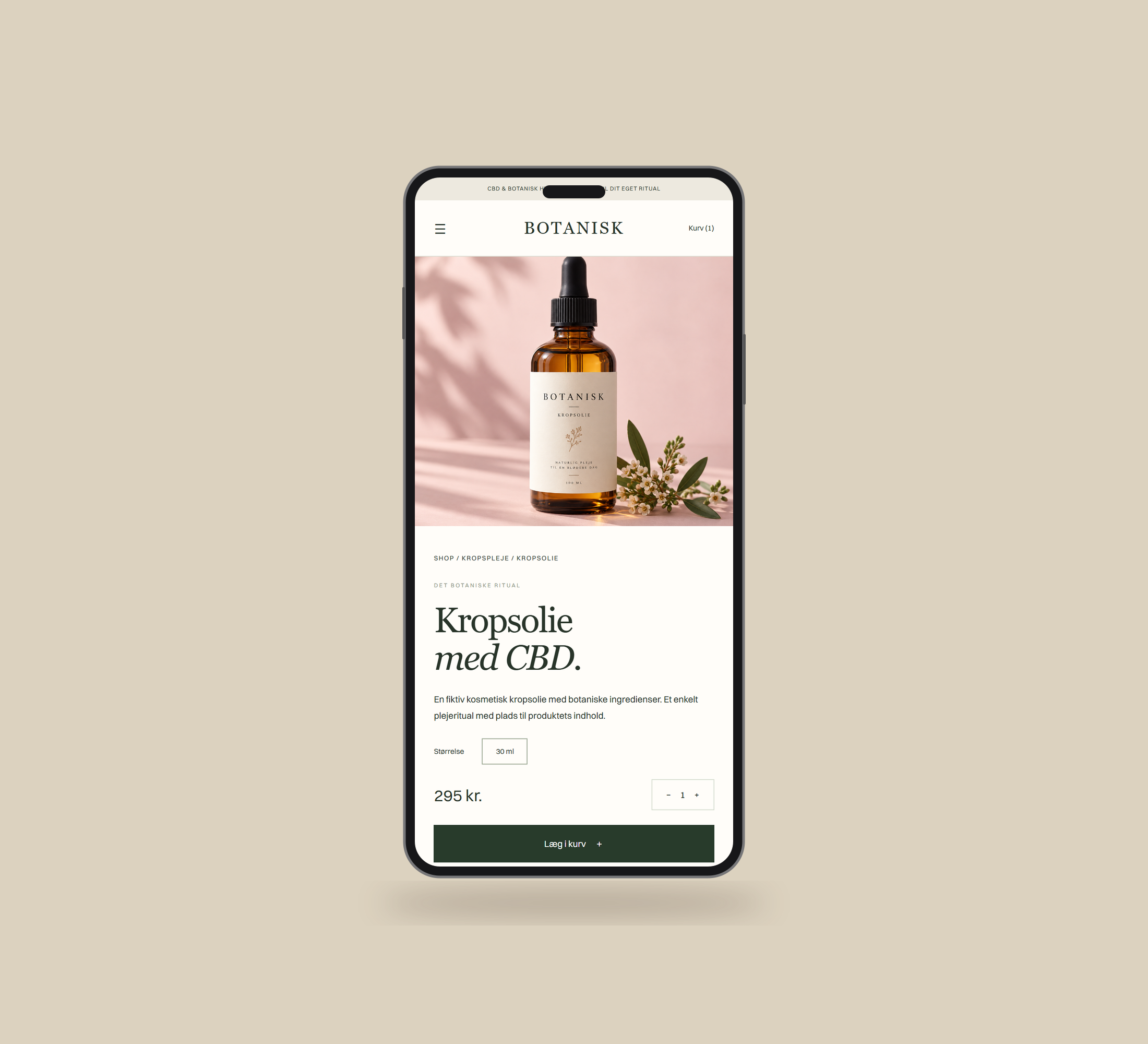 Botanisk: produkt vist lige forfra på mobil på en ensfarvet studiobaggrund.