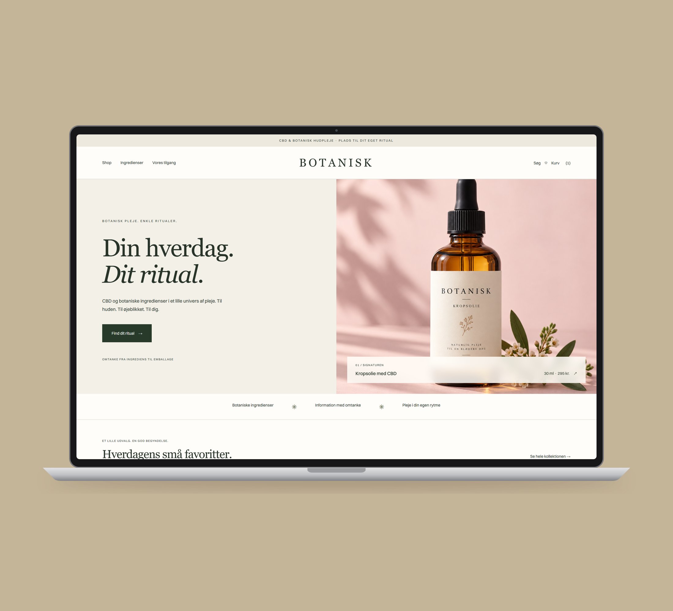 Botanisk: forside vist lige forfra på laptop på en ensfarvet studiobaggrund.