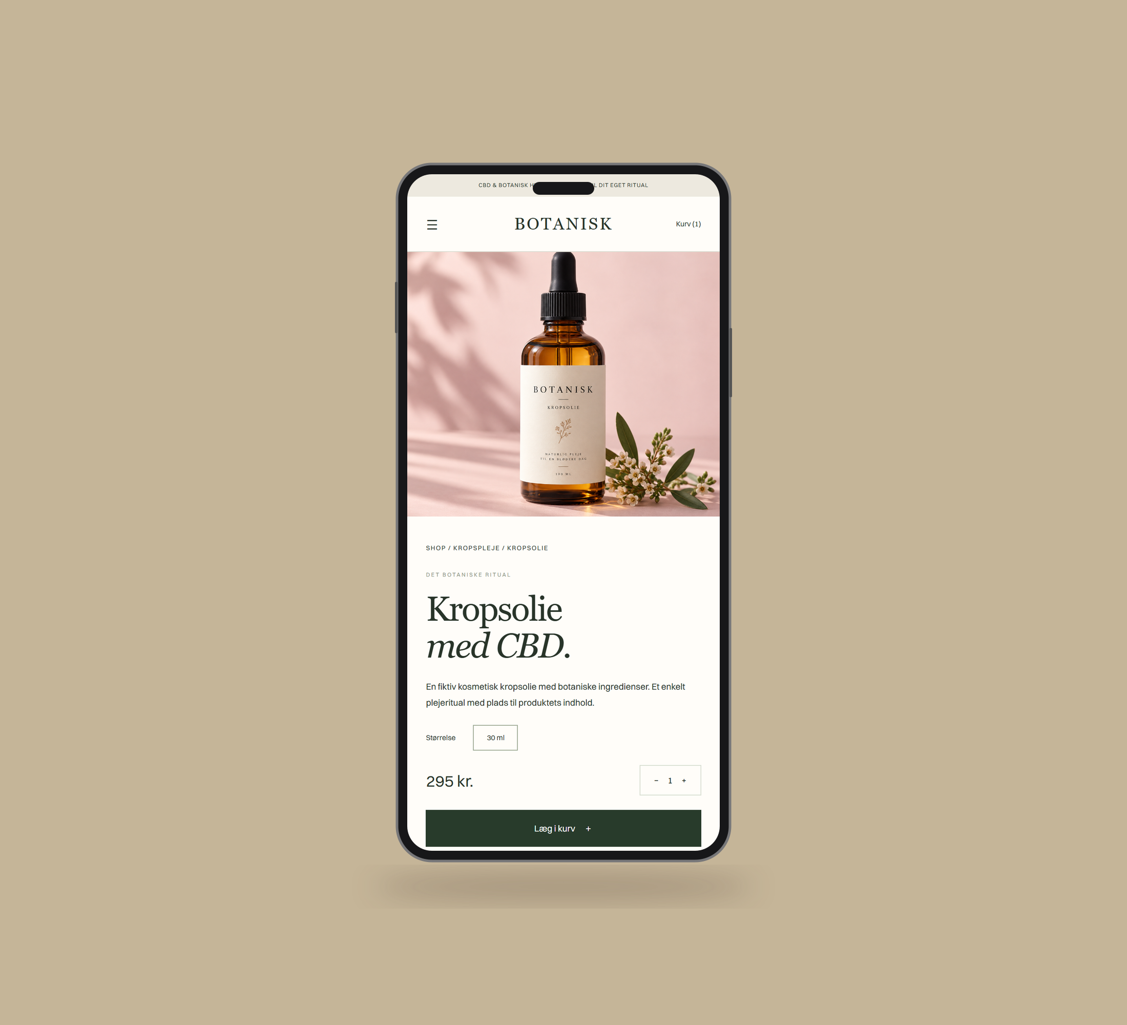 Botanisk: produkt vist lige forfra på mobil på en ensfarvet studiobaggrund.