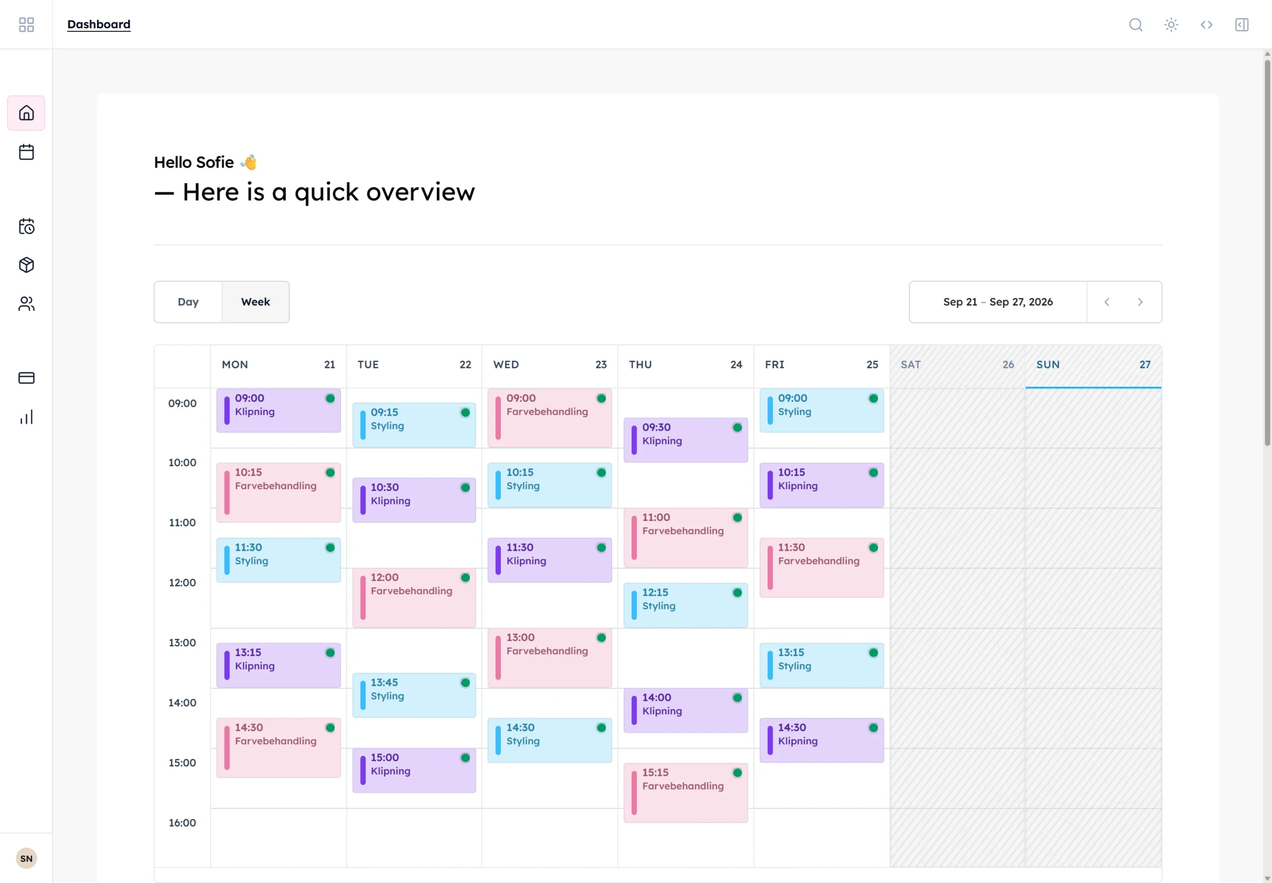 Daily: dashboard med kalender og bookinger.