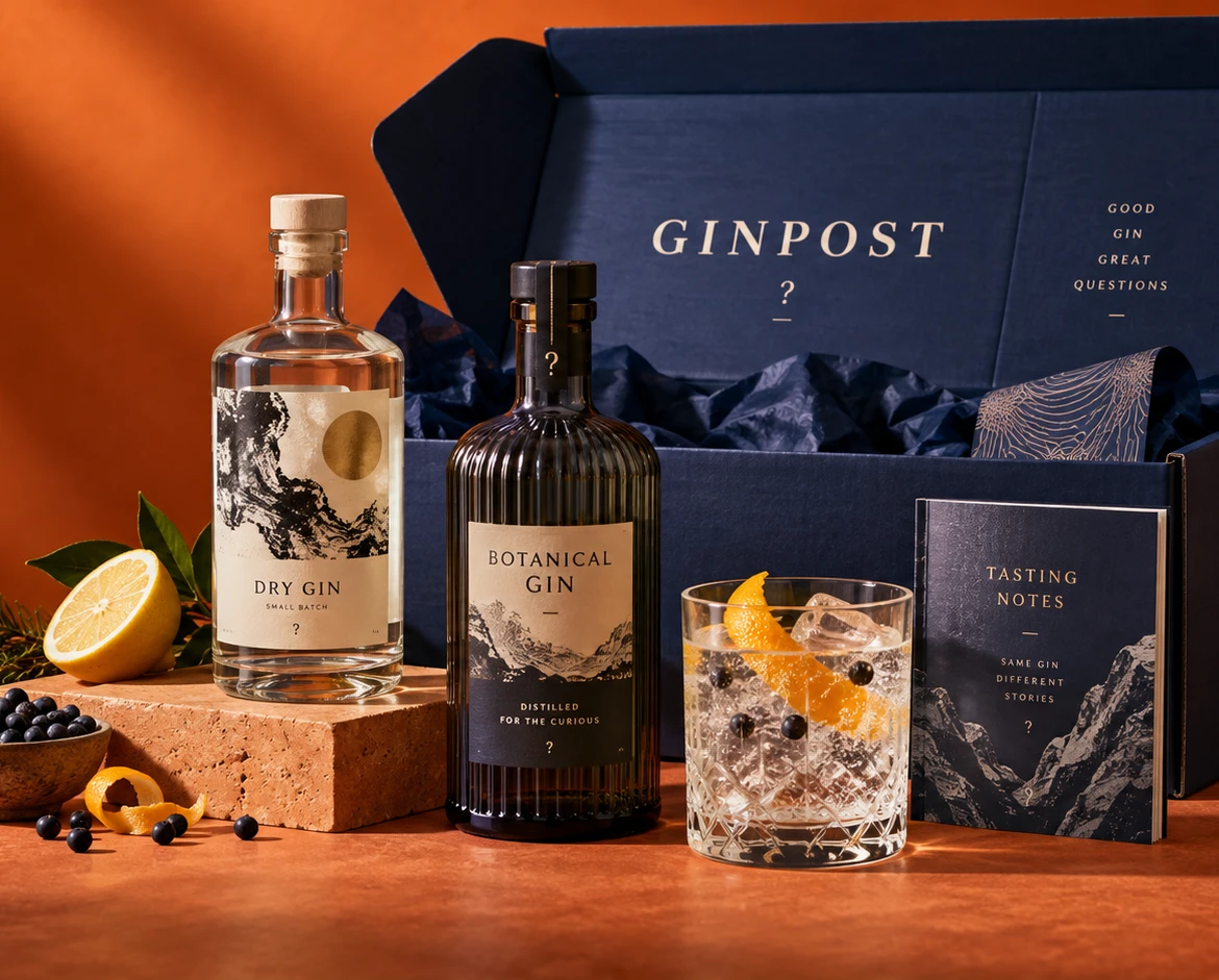 Ginpost: åben mystery gin-boks med ginflasker, smagehæfte og gin og tonic på en varm orange studiebaggrund.