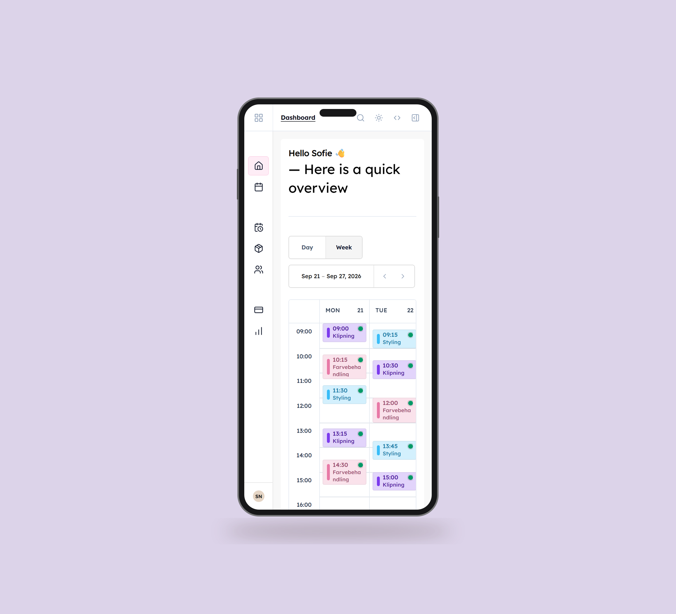 Daily: dashboard vist lige forfra på mobil på en ensfarvet studiobaggrund.