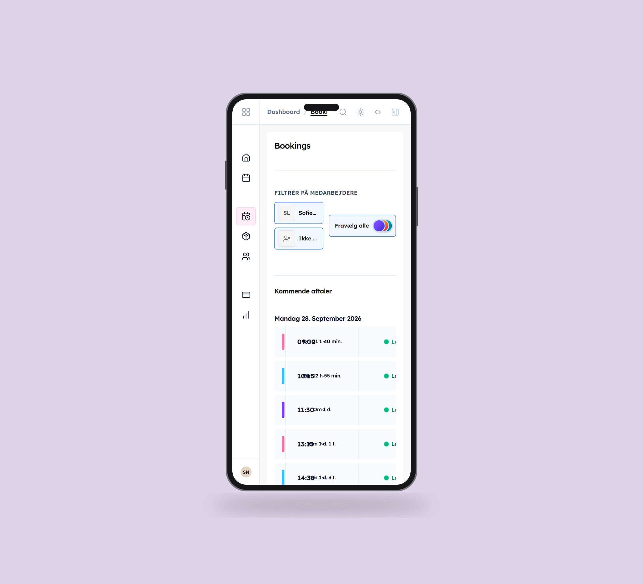 Daily: bookinger vist lige forfra på mobil på en ensfarvet studiobaggrund.