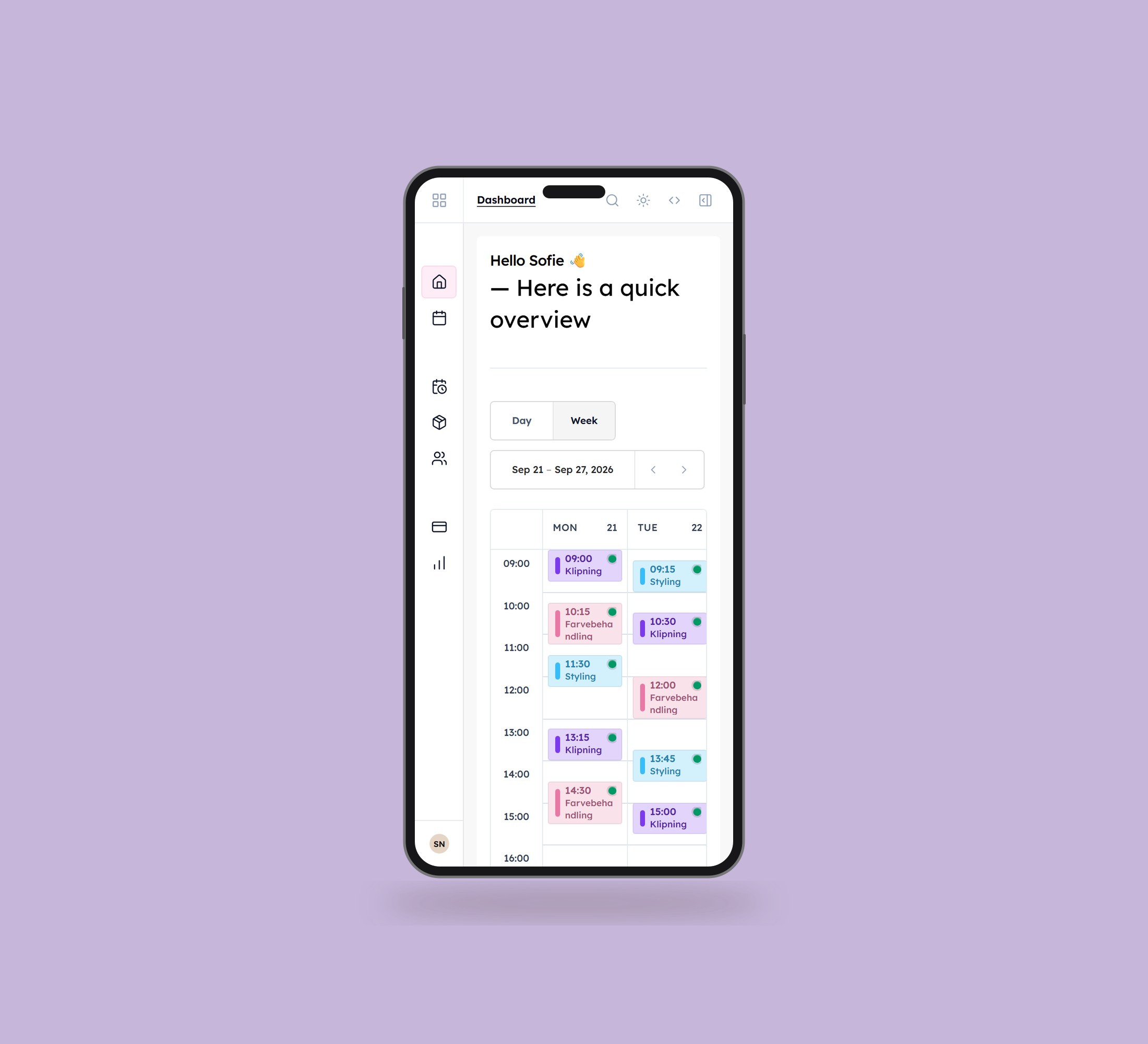 Daily: dashboard vist lige forfra på mobil på en ensfarvet studiobaggrund.