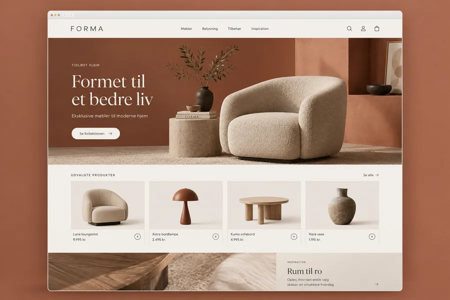 Webshopkoncept med møbler og produktoversigt.