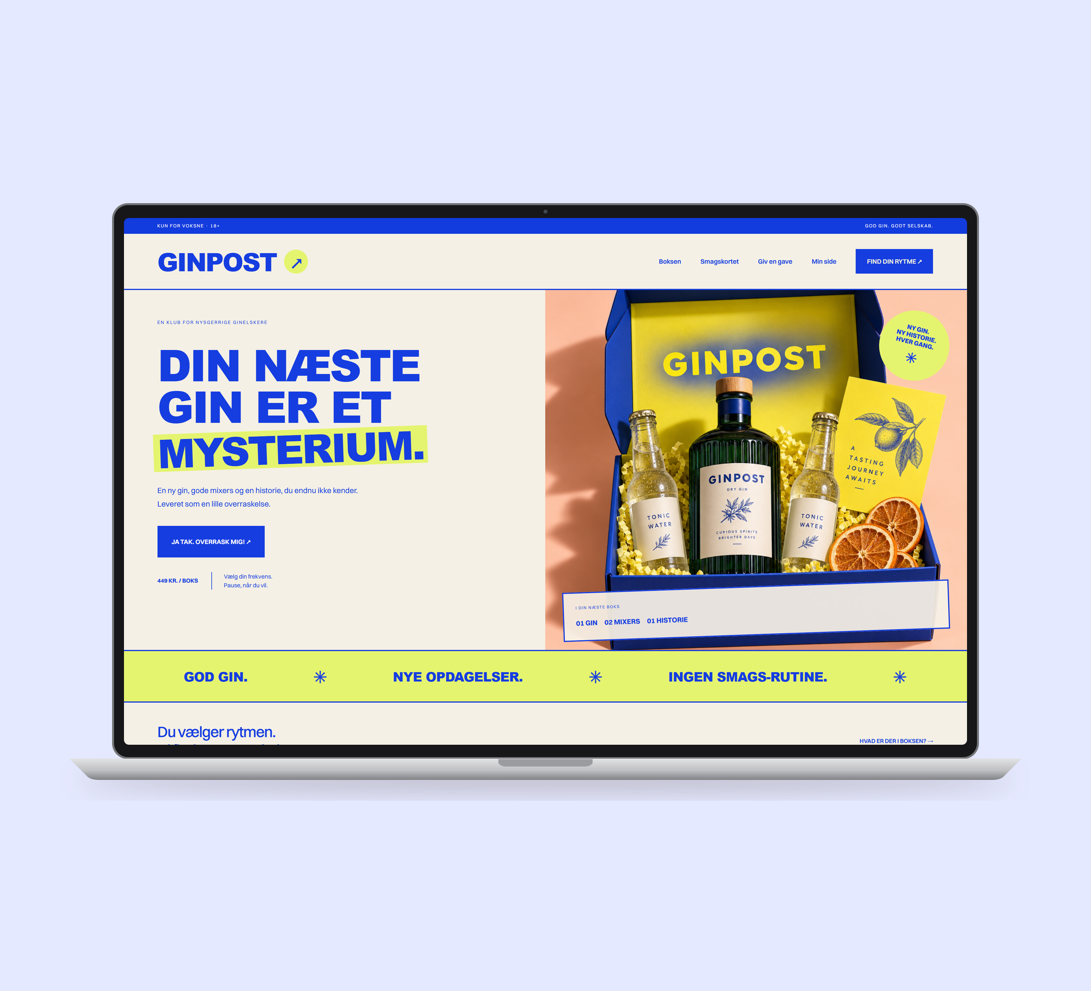 Ginpost: forside vist lige forfra på laptop på en ensfarvet studiobaggrund.