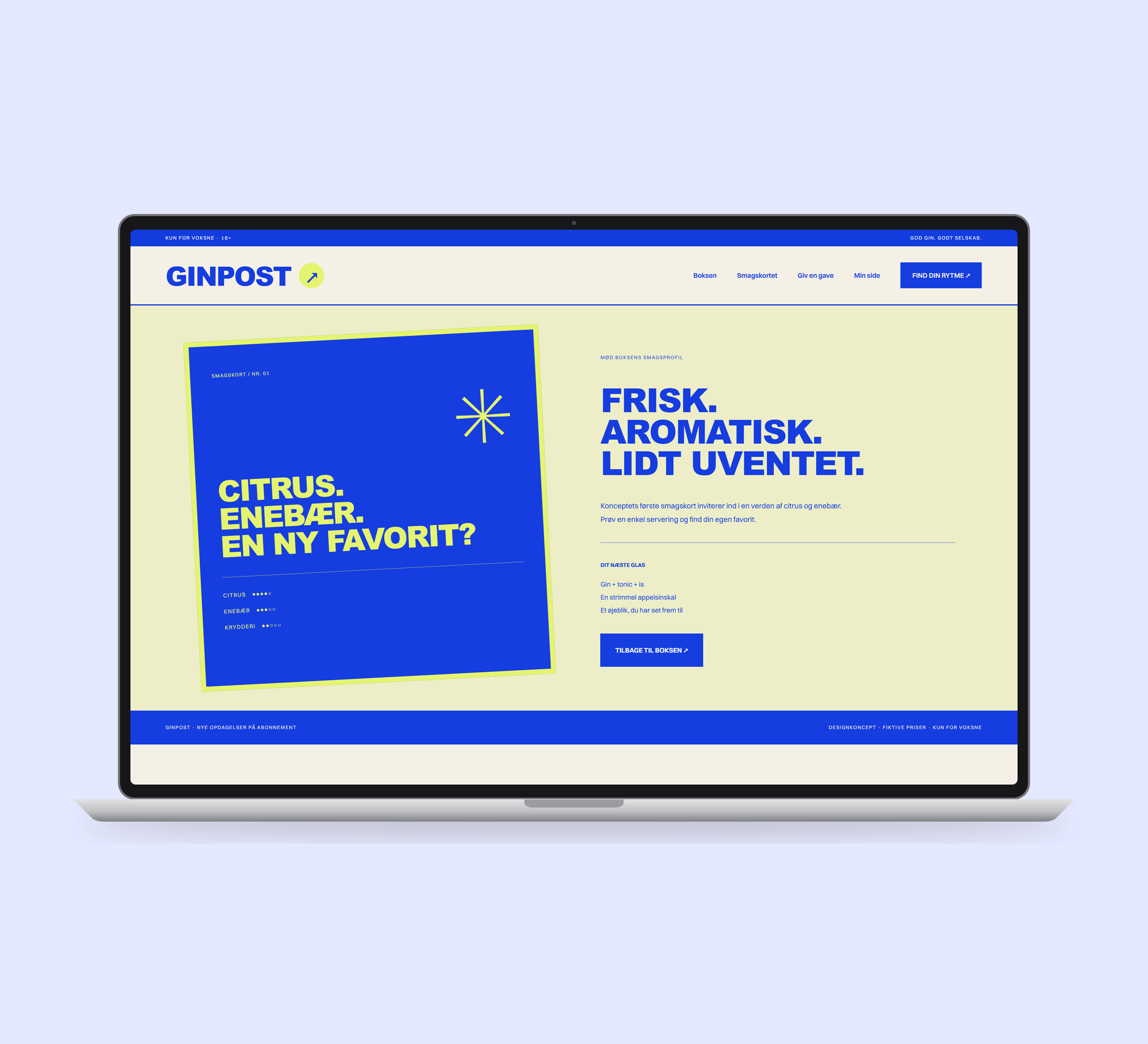 Ginpost: smagskort vist lige forfra på laptop på en ensfarvet studiobaggrund.