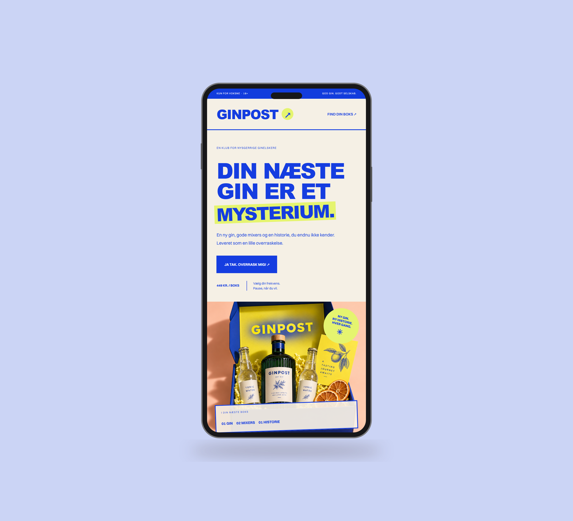 Ginpost: forside vist lige forfra på mobil på en ensfarvet studiobaggrund.