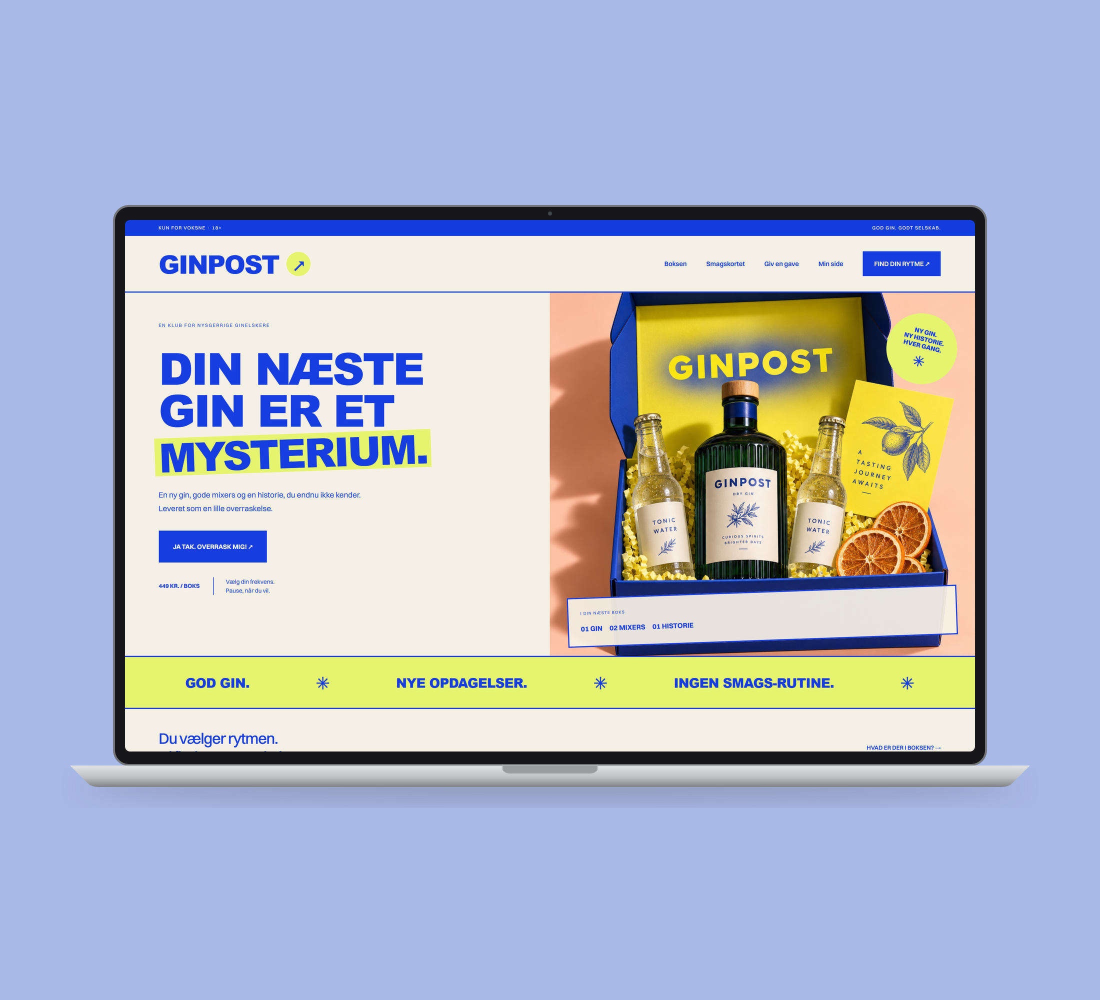 Ginpost: forside vist lige forfra på laptop på en ensfarvet studiobaggrund.