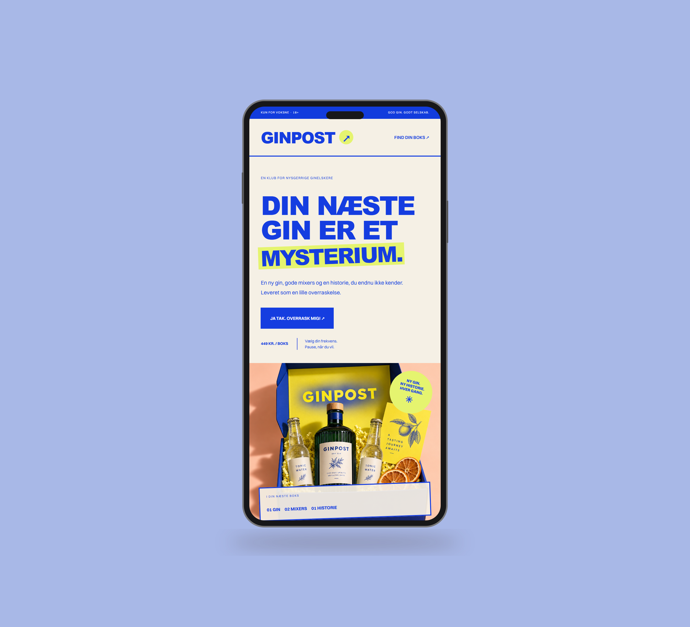 Ginpost: forside vist lige forfra på mobil på en ensfarvet studiobaggrund.