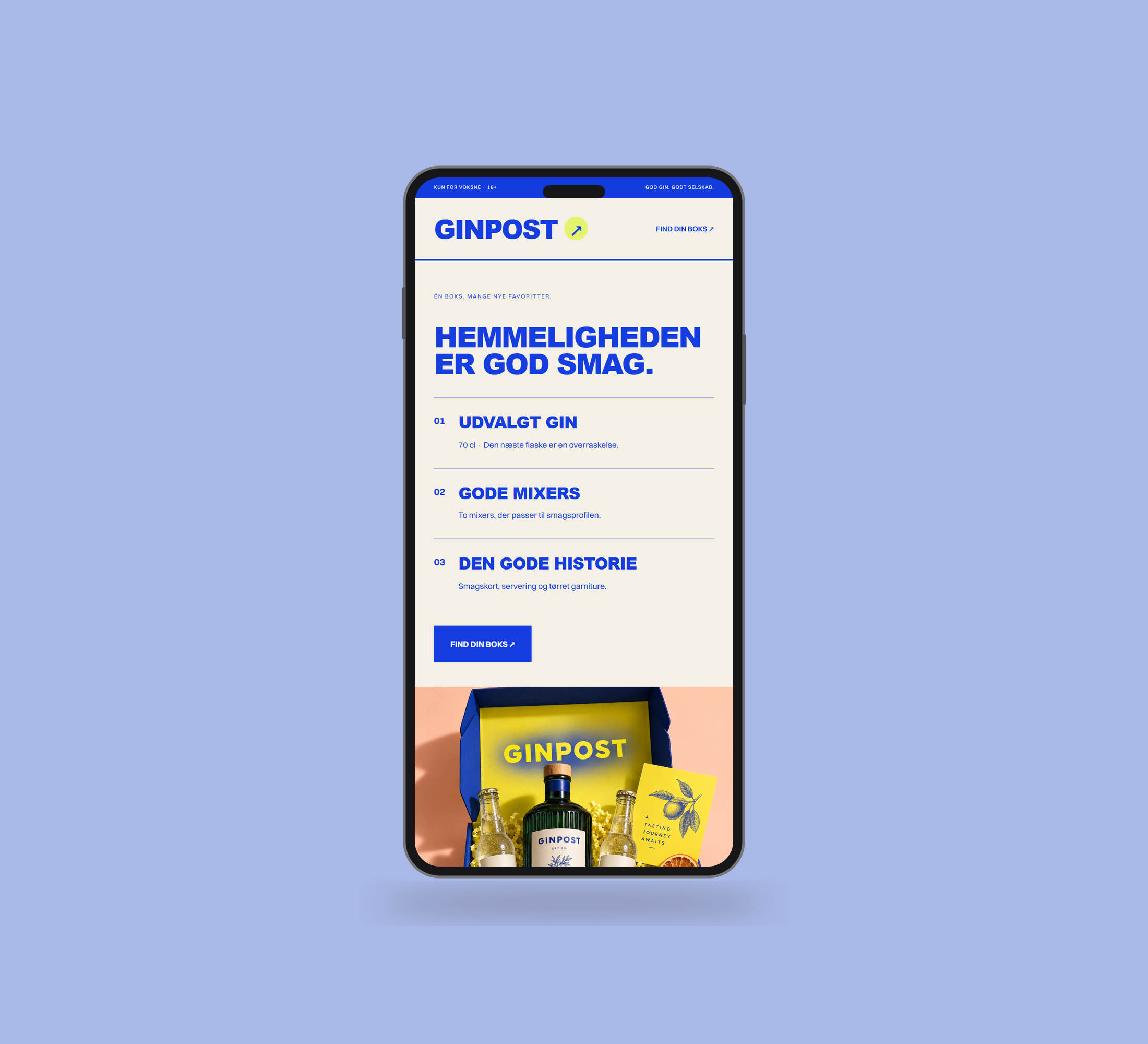 Ginpost: boksen vist lige forfra på mobil på en ensfarvet studiobaggrund.