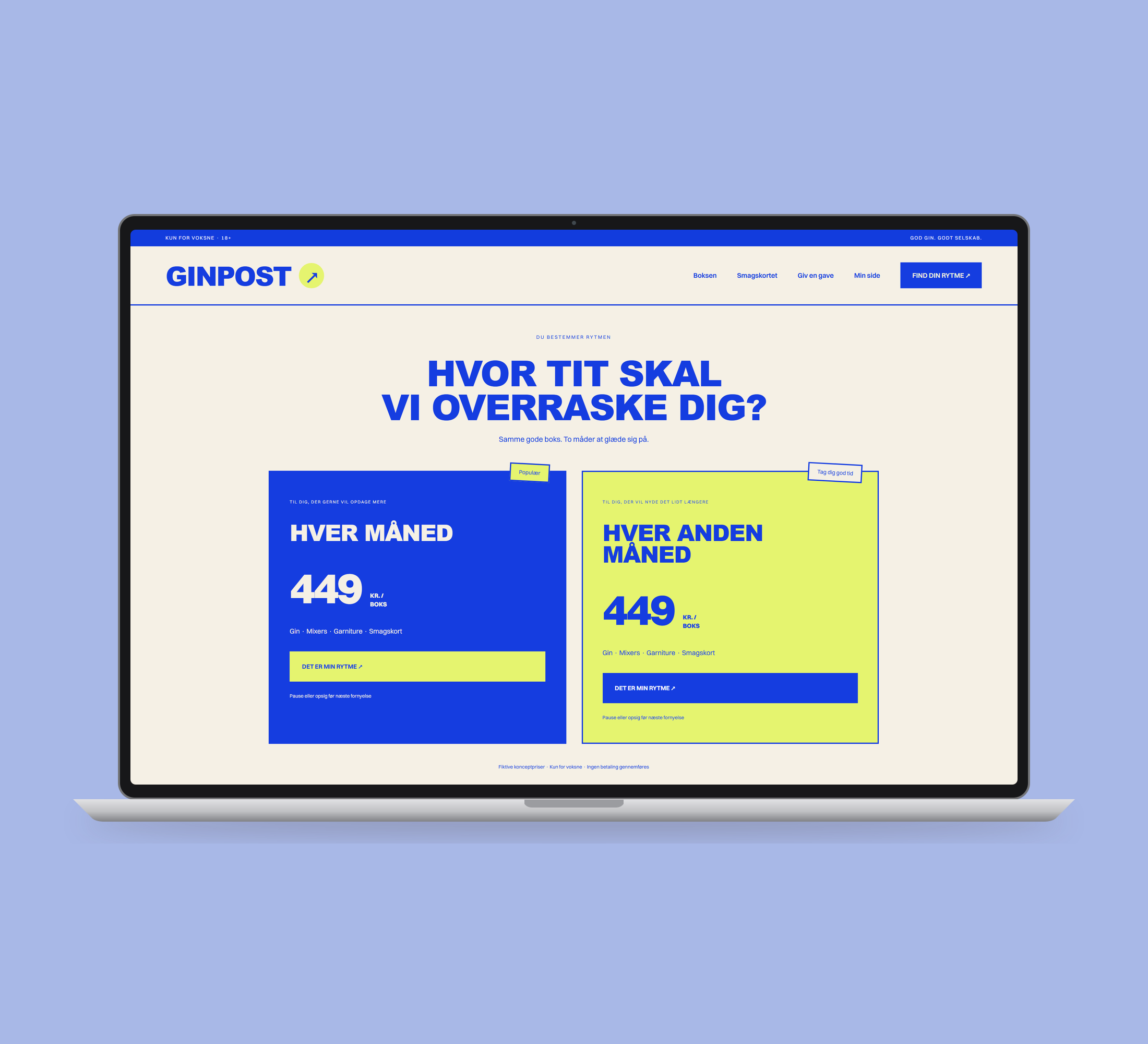Ginpost: abonnement vist lige forfra på laptop på en ensfarvet studiobaggrund.