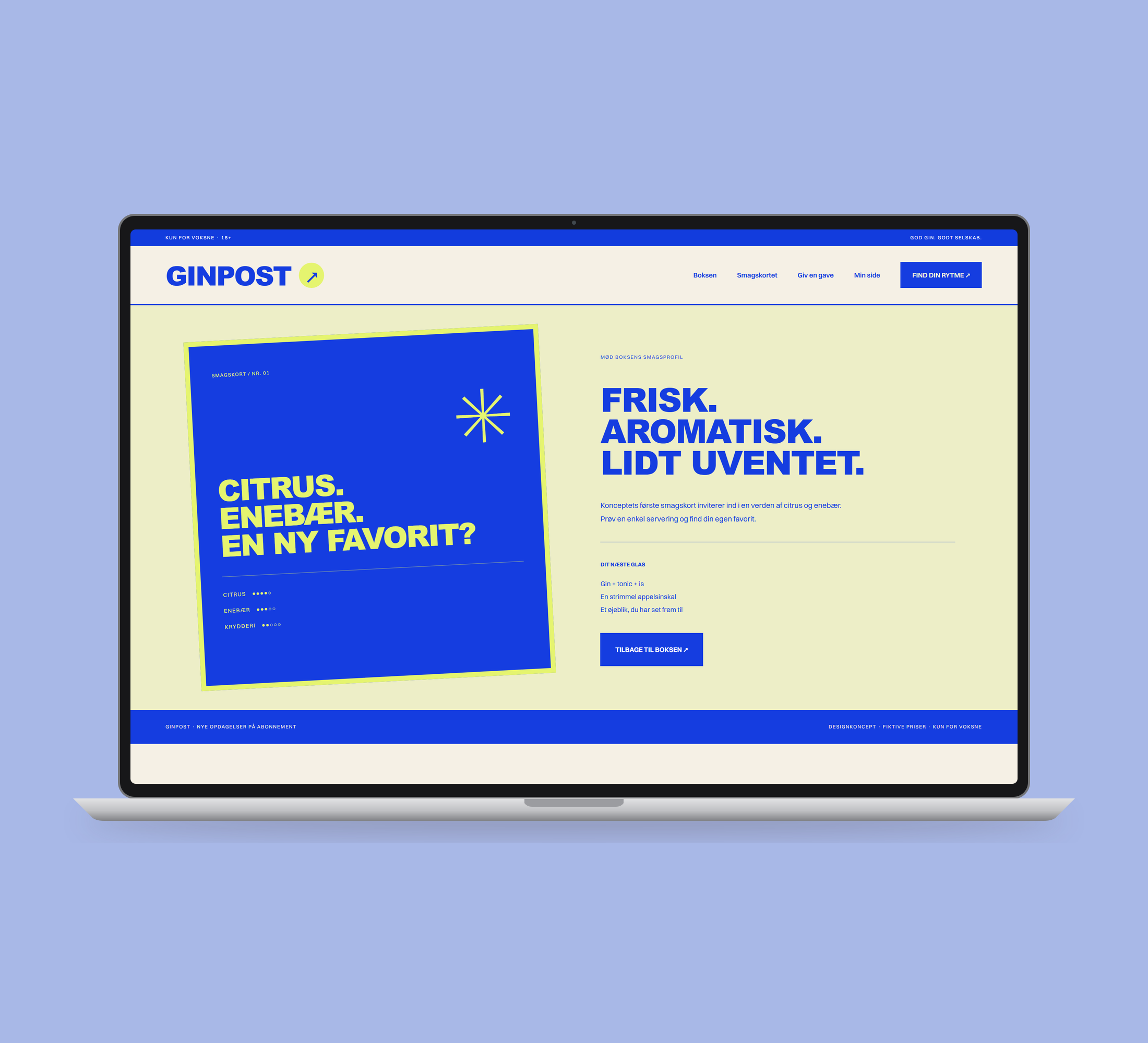 Ginpost: smagskort vist lige forfra på laptop på en ensfarvet studiobaggrund.