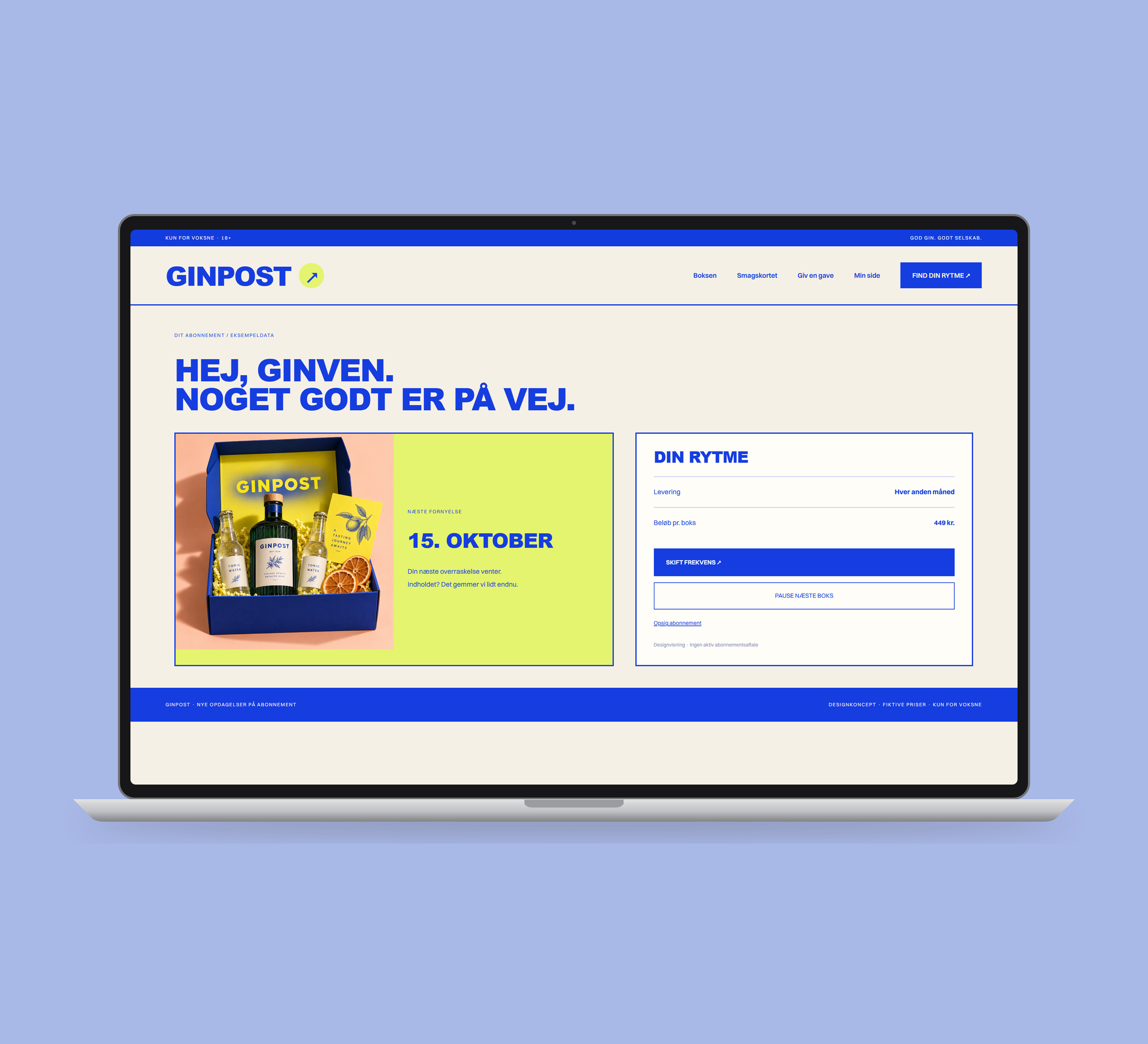 Ginpost: min side vist lige forfra på laptop på en ensfarvet studiobaggrund.