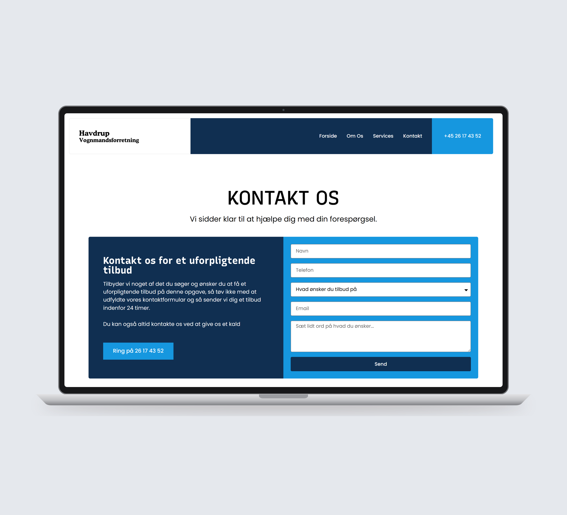Havdrup Vognmandsforretning: kontakt vist lige forfra på laptop på en ensfarvet studiobaggrund.