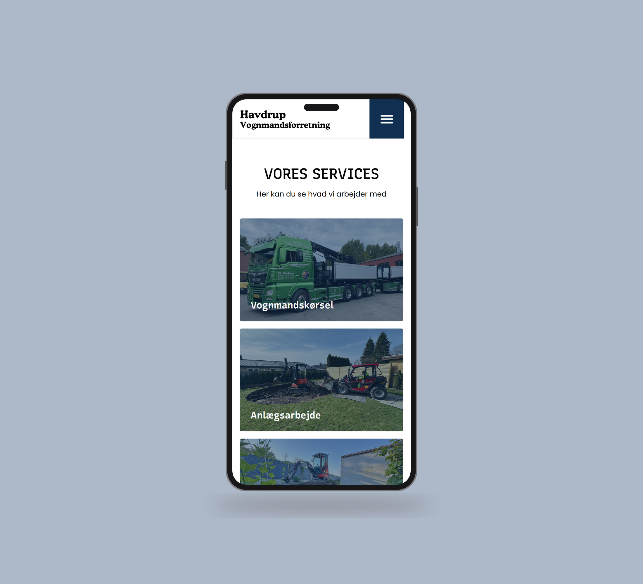 Havdrup Vognmandsforretning: services vist lige forfra på mobil på en ensfarvet studiobaggrund.