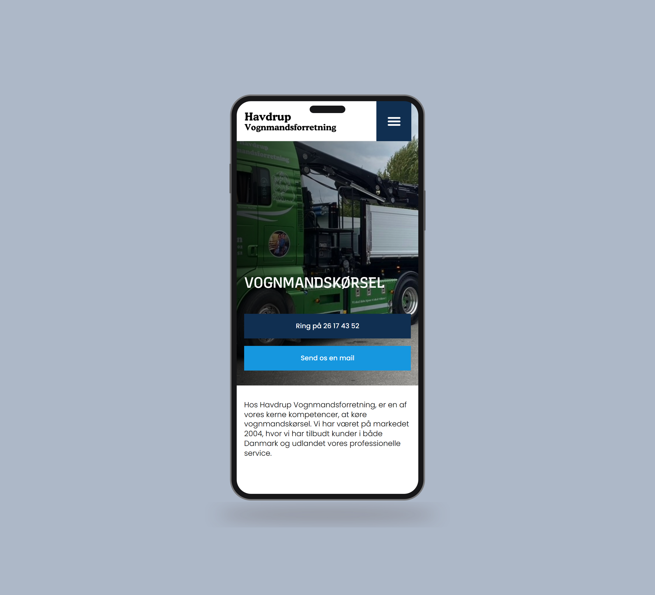 Havdrup Vognmandsforretning: vognmandskørsel vist lige forfra på mobil på en ensfarvet studiobaggrund.