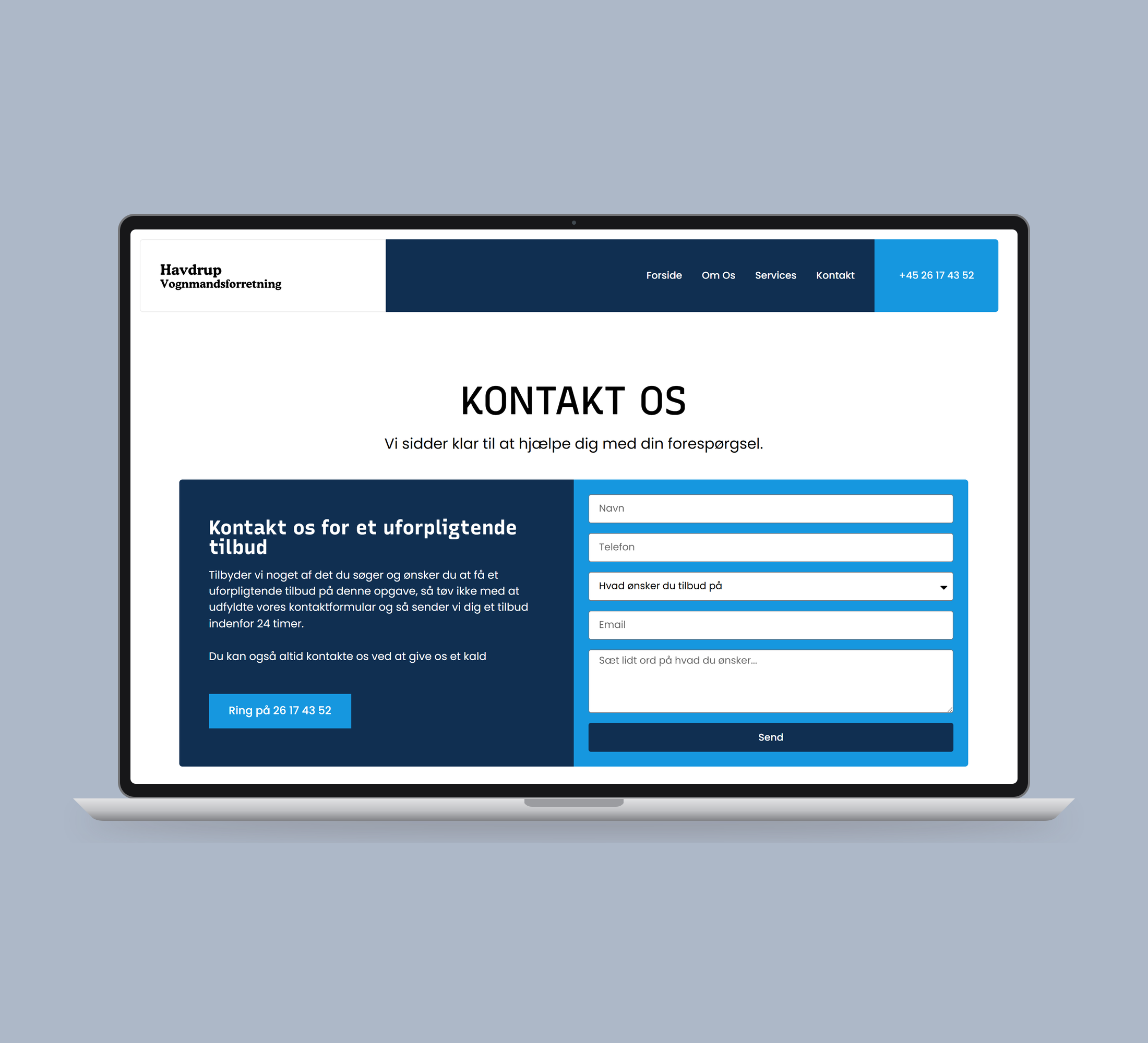 Havdrup Vognmandsforretning: kontakt vist lige forfra på laptop på en ensfarvet studiobaggrund.