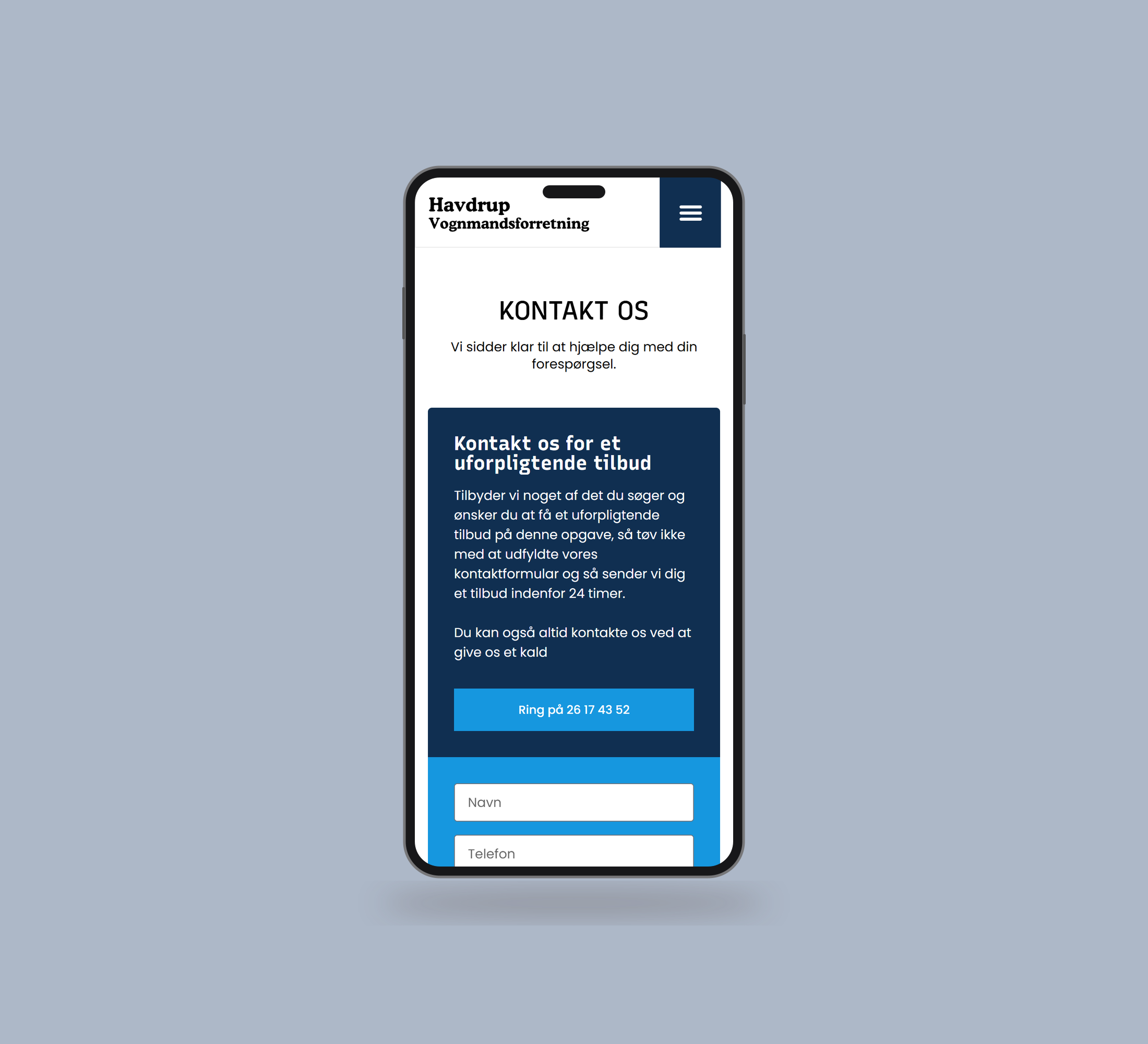 Havdrup Vognmandsforretning: kontakt vist lige forfra på mobil på en ensfarvet studiobaggrund.