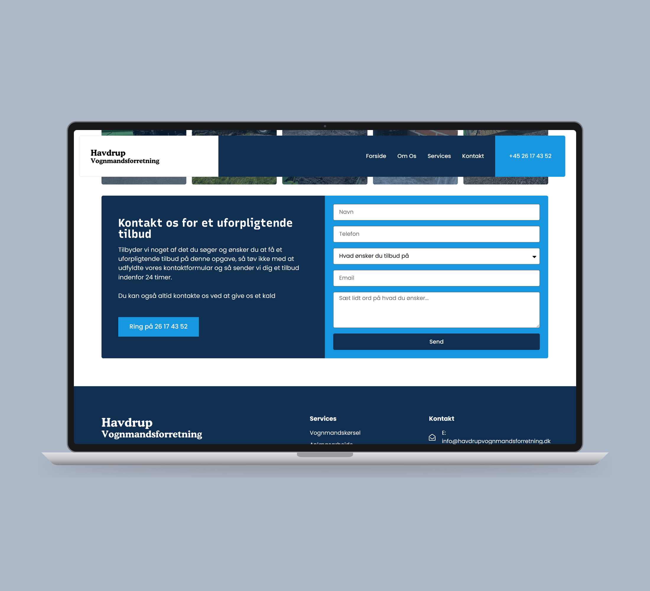 Havdrup Vognmandsforretning: opgaver og ydelser vist lige forfra på laptop på en ensfarvet studiobaggrund.