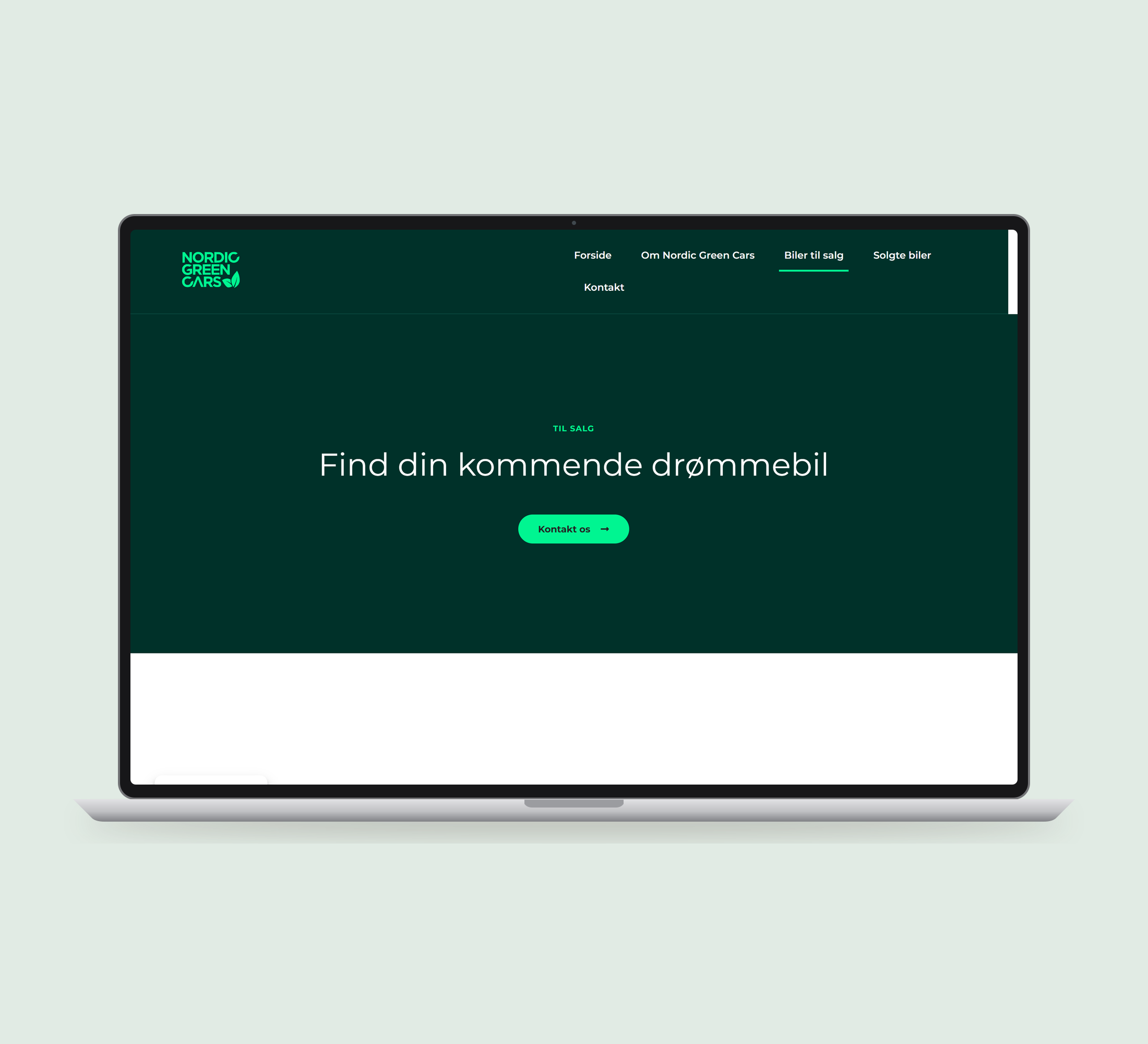 Nordic Green Cars: biler til salg vist lige forfra på laptop på en ensfarvet studiobaggrund.
