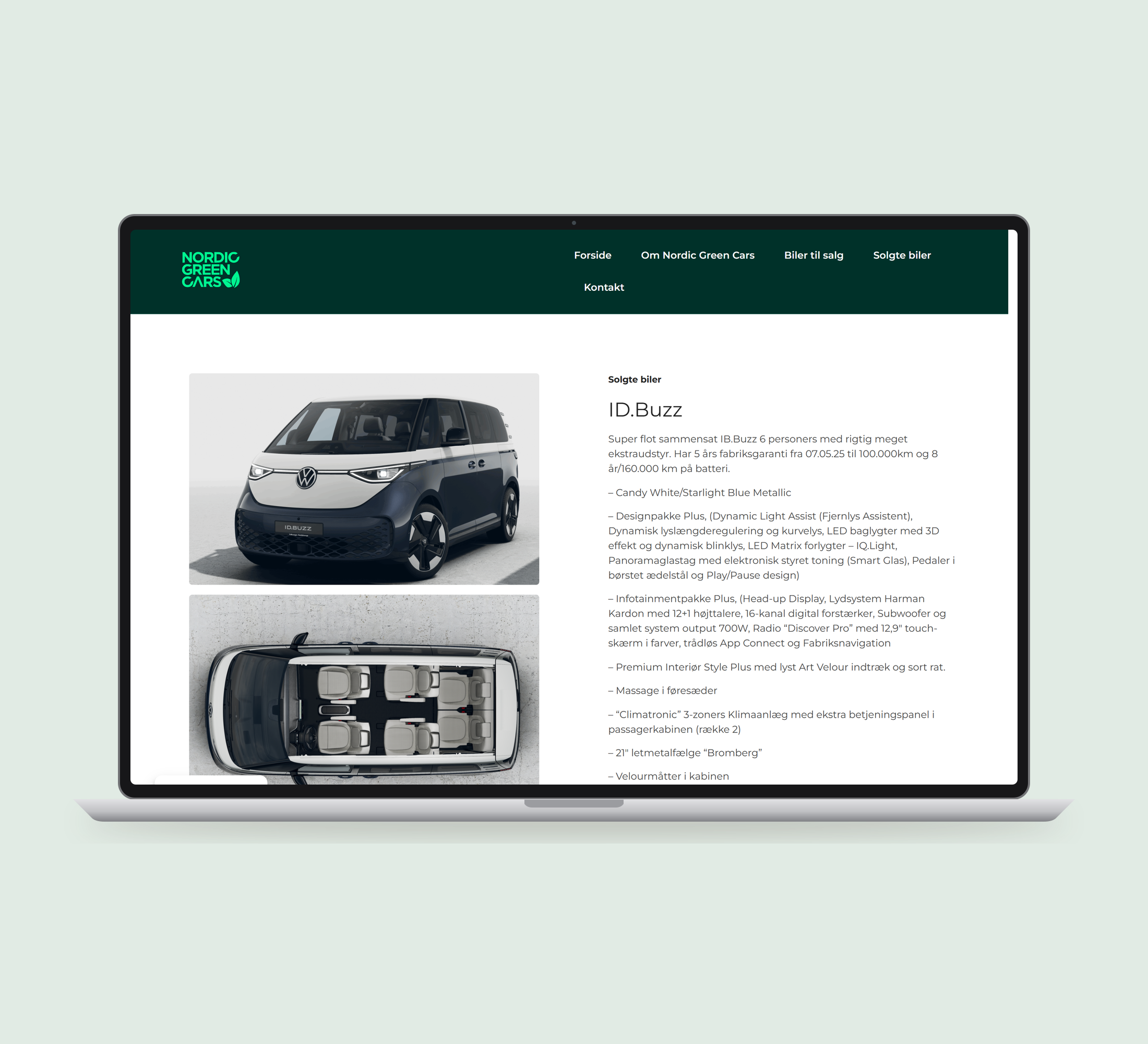 Nordic Green Cars: bildetaljer vist lige forfra på laptop på en ensfarvet studiobaggrund.