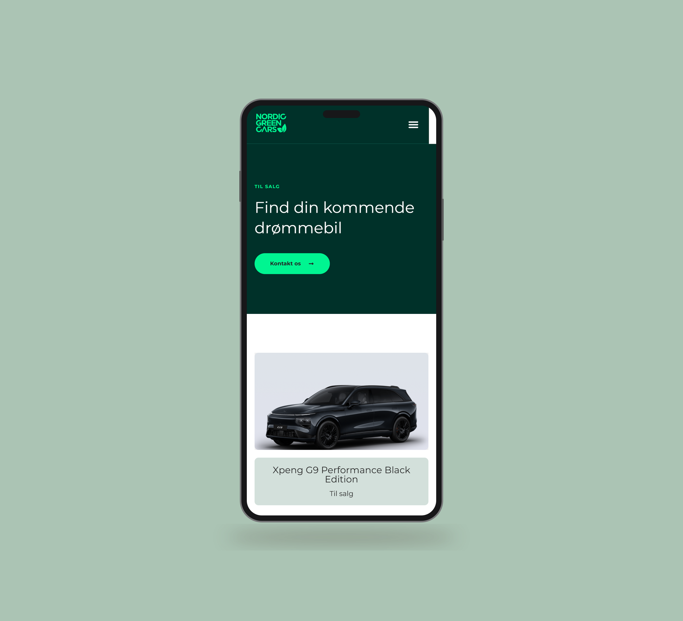 Nordic Green Cars: biler til salg vist lige forfra på mobil på en ensfarvet studiobaggrund.