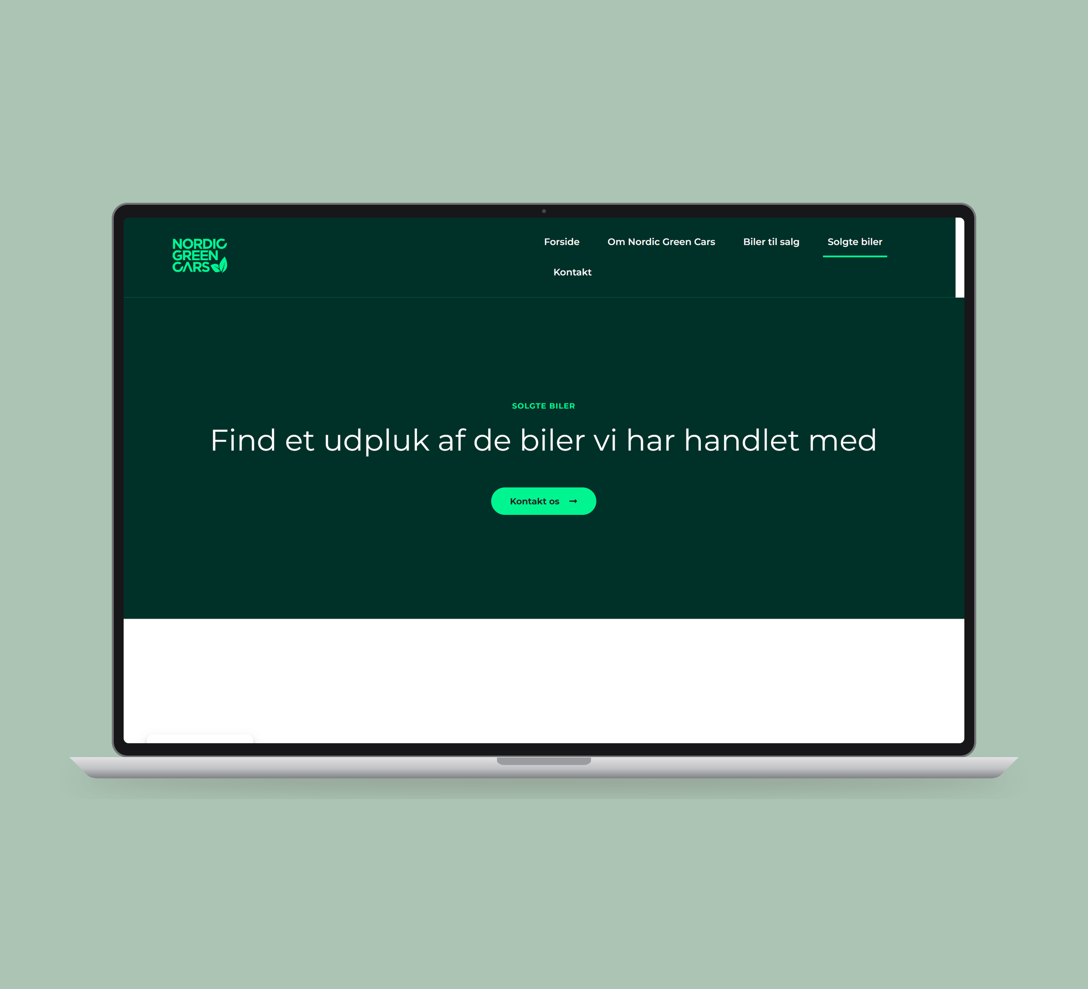 Nordic Green Cars: solgte biler vist lige forfra på laptop på en ensfarvet studiobaggrund.
