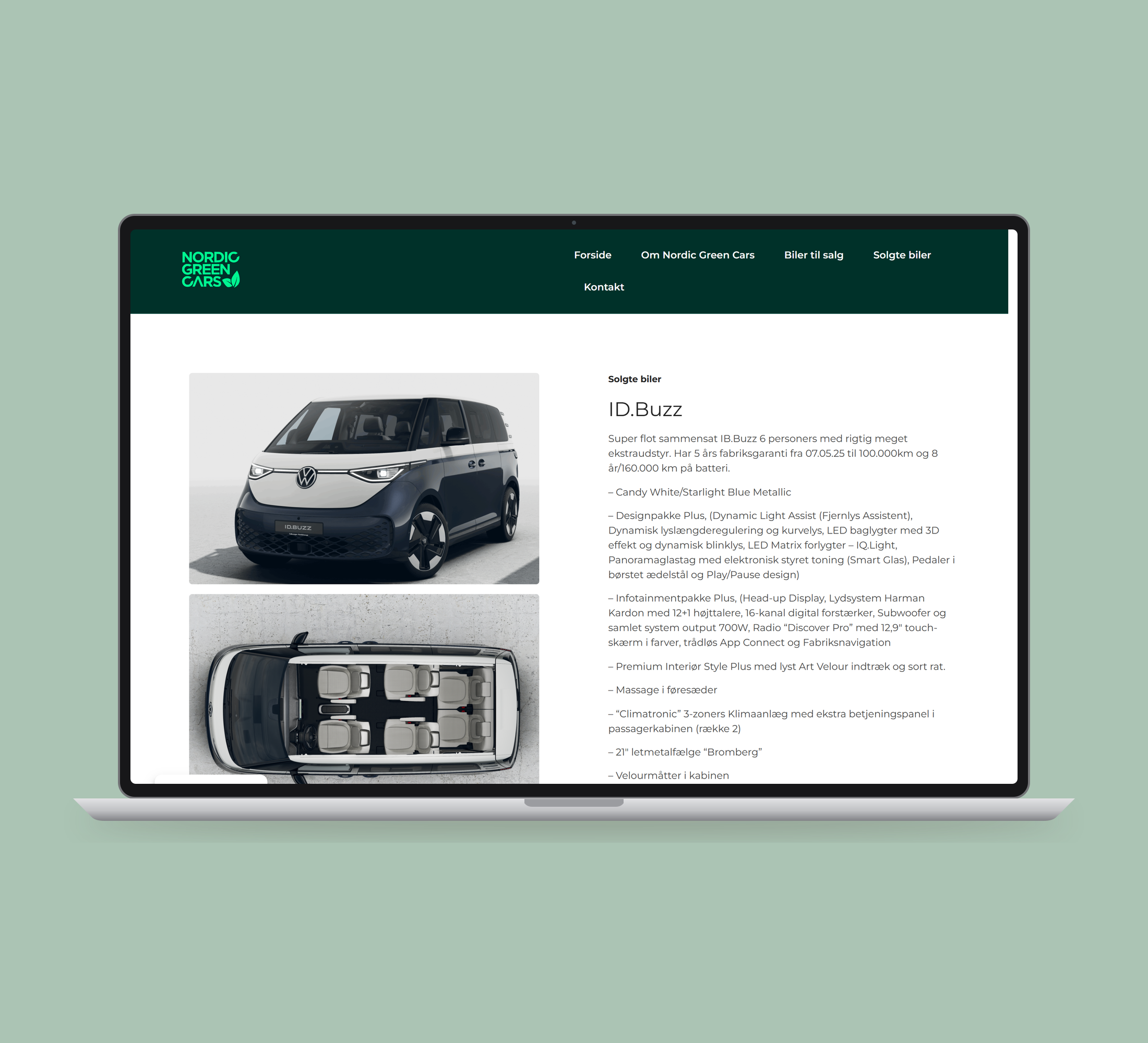 Nordic Green Cars: bildetaljer vist lige forfra på laptop på en ensfarvet studiobaggrund.
