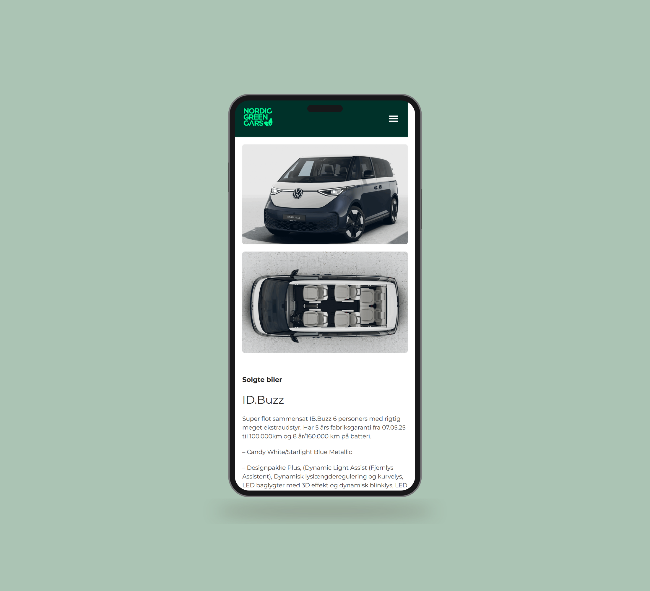 Nordic Green Cars: bildetaljer vist lige forfra på mobil på en ensfarvet studiobaggrund.