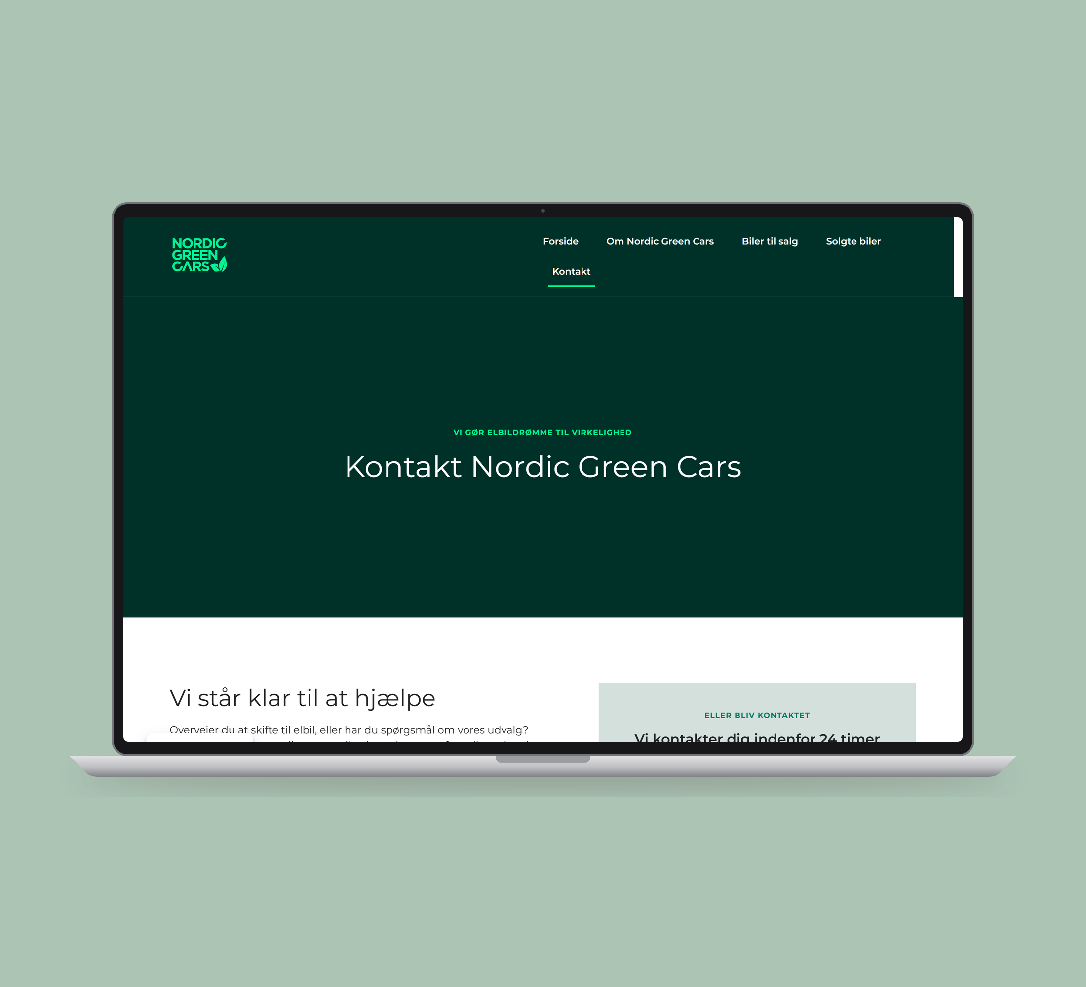 Nordic Green Cars: kontakt vist lige forfra på laptop på en ensfarvet studiobaggrund.