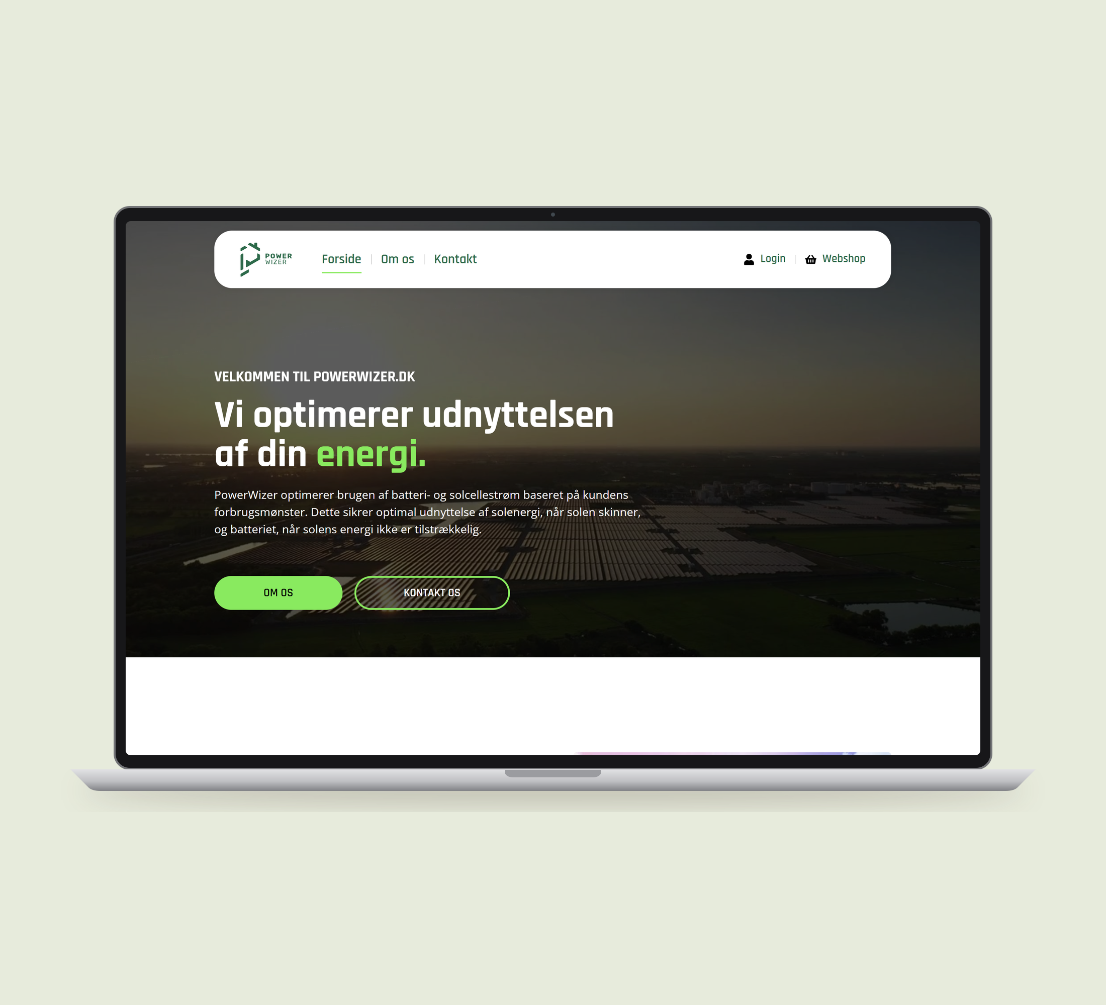 PowerWizer: forside vist lige forfra på laptop på en ensfarvet studiobaggrund.