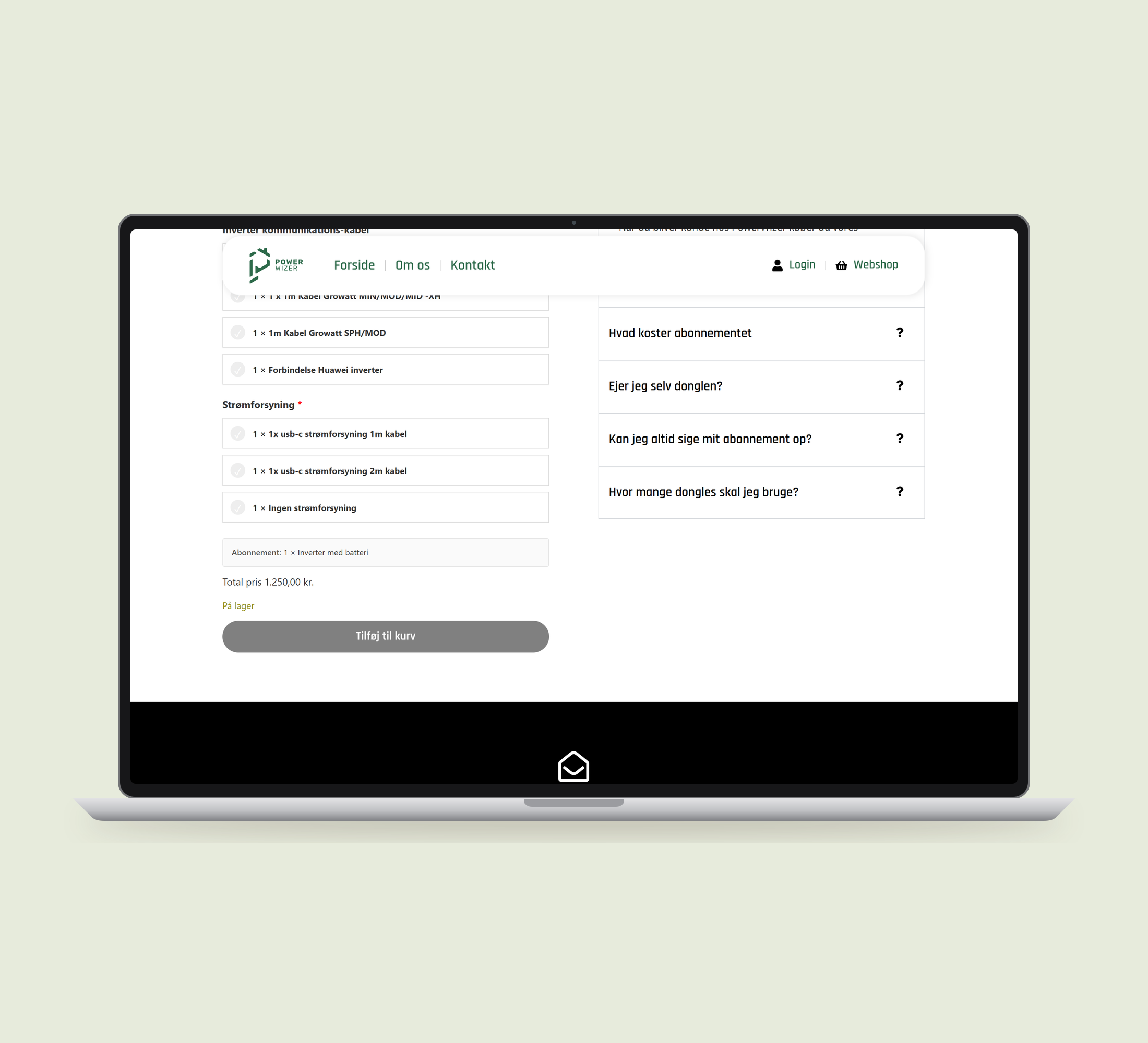 PowerWizer: konfiguration vist lige forfra på laptop på en ensfarvet studiobaggrund.