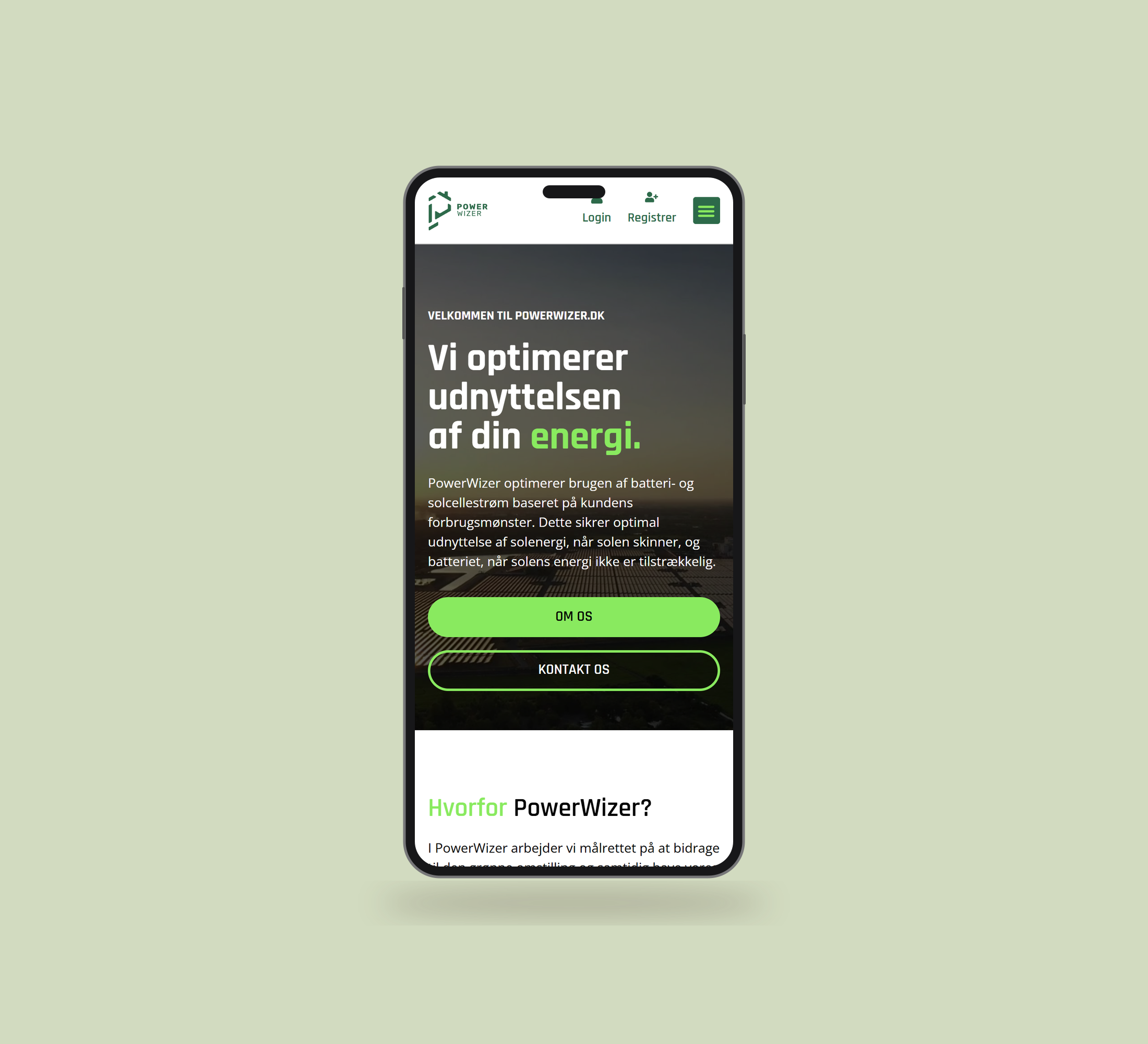 PowerWizer: forside vist lige forfra på mobil på en ensfarvet studiobaggrund.