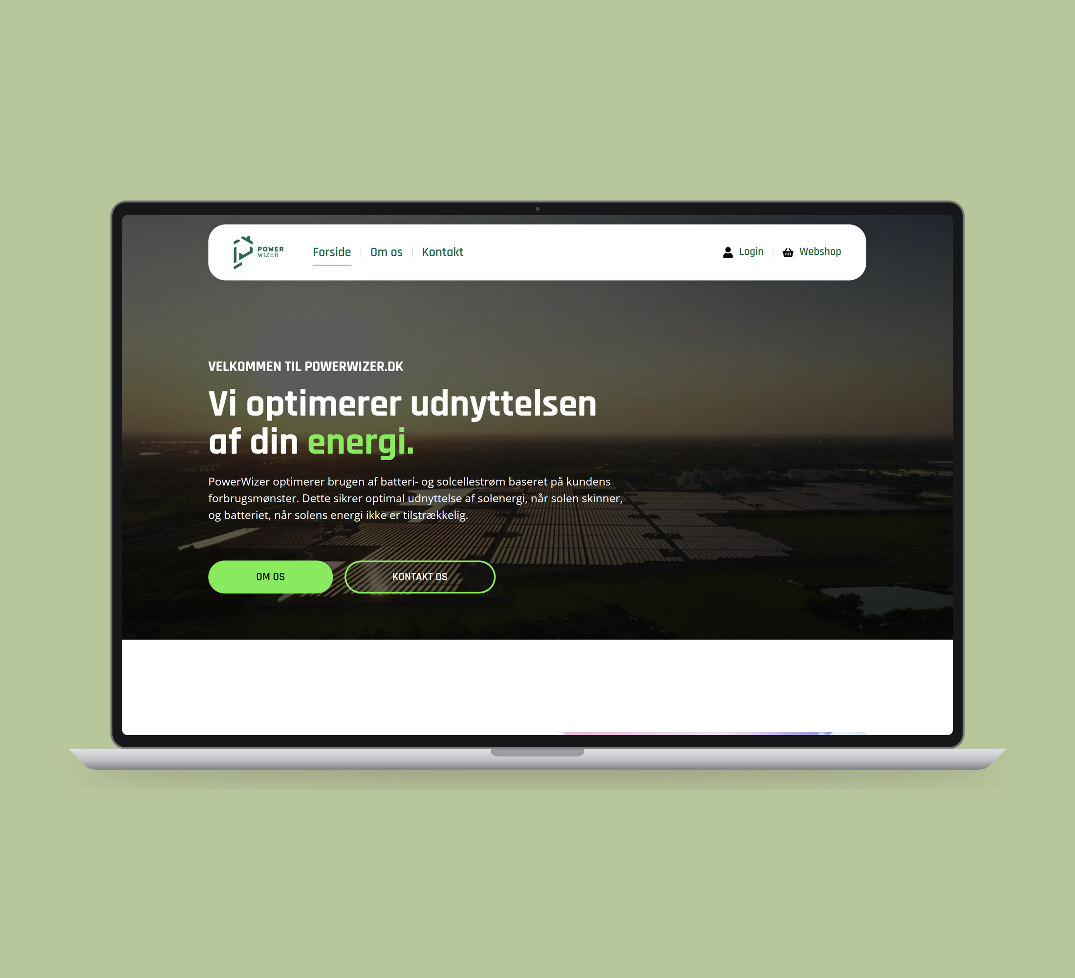 PowerWizer: forside vist lige forfra på laptop på en ensfarvet studiobaggrund.