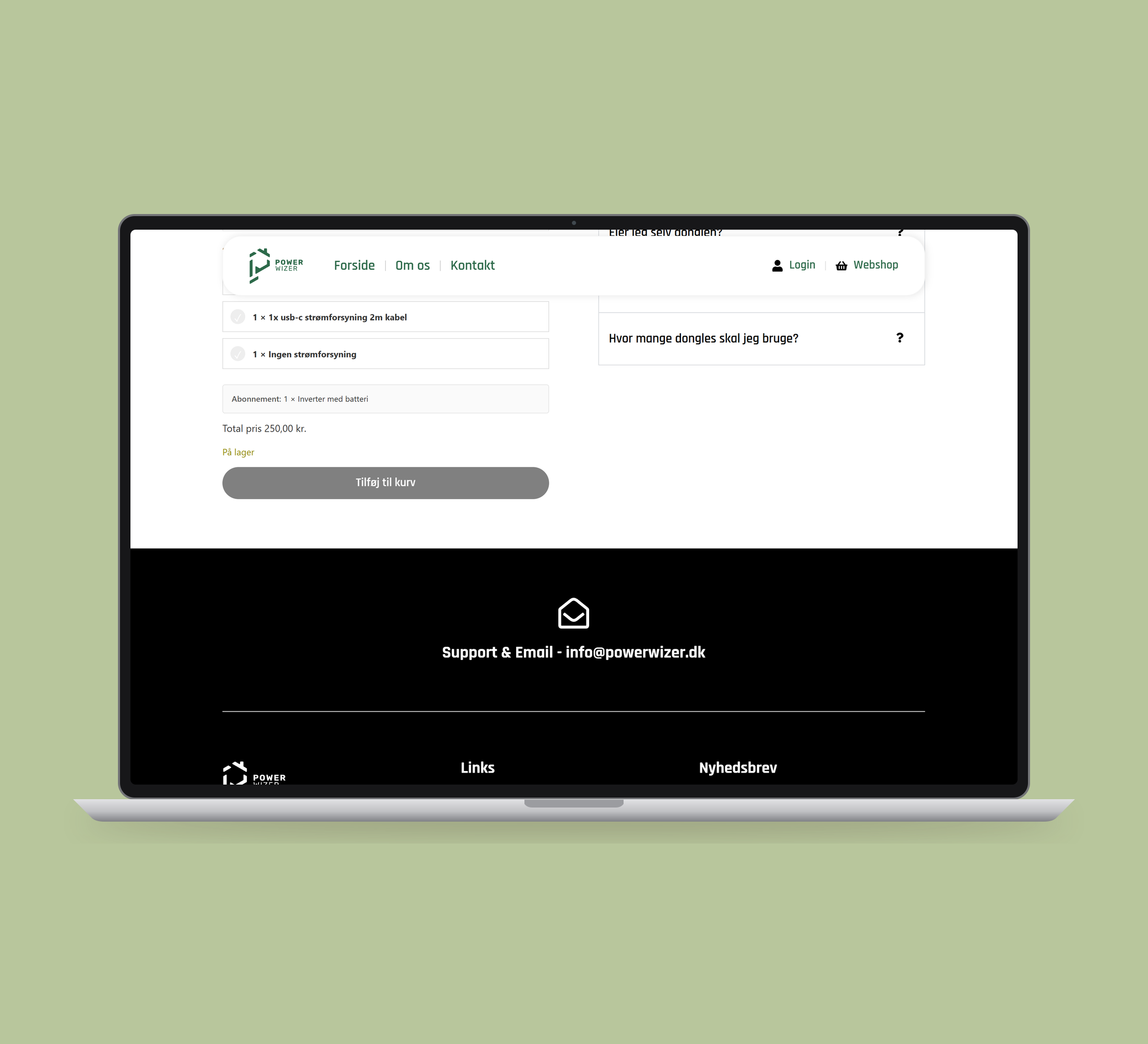 PowerWizer: produktinformation vist lige forfra på laptop på en ensfarvet studiobaggrund.