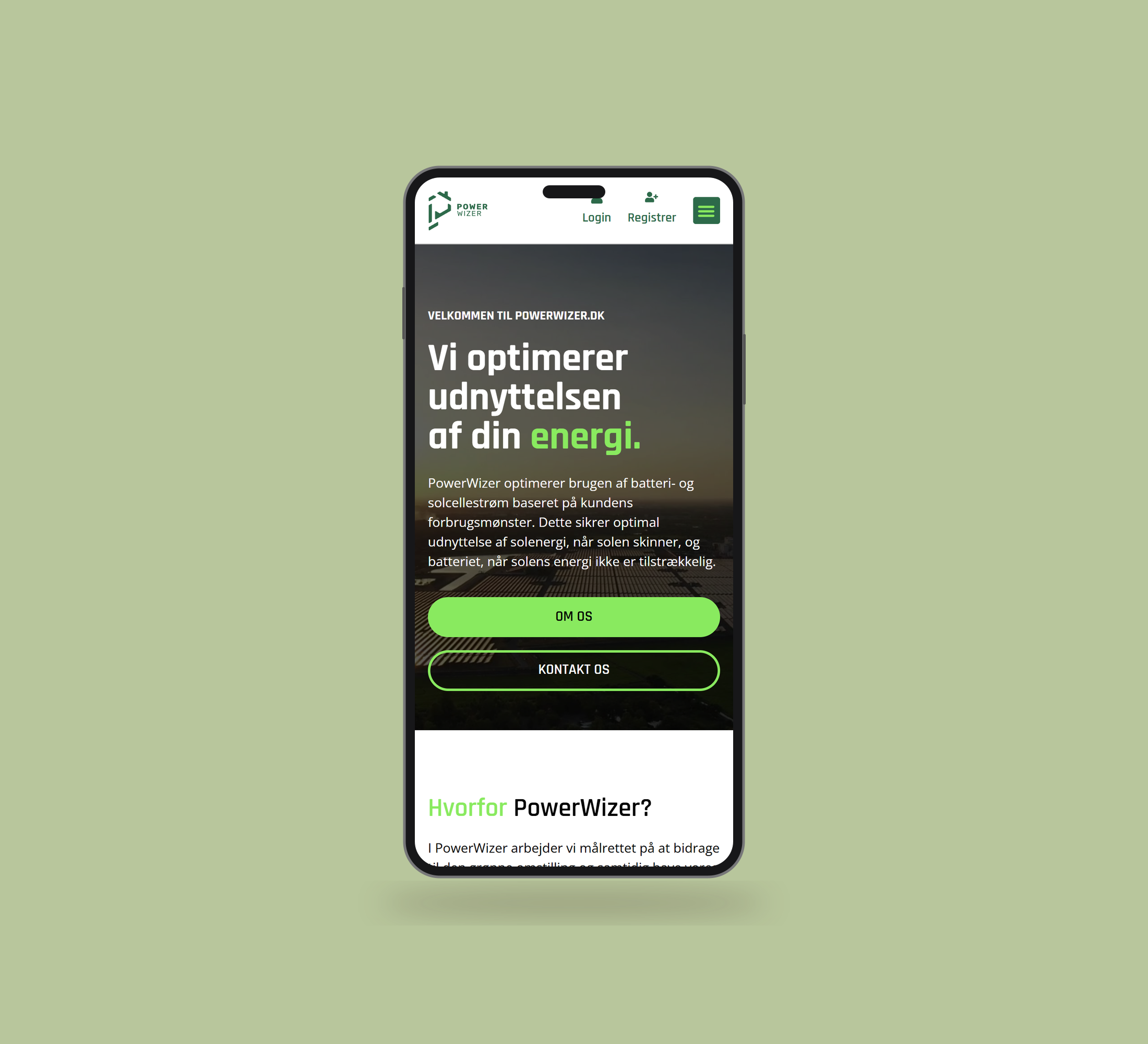 PowerWizer: forside vist lige forfra på mobil på en ensfarvet studiobaggrund.