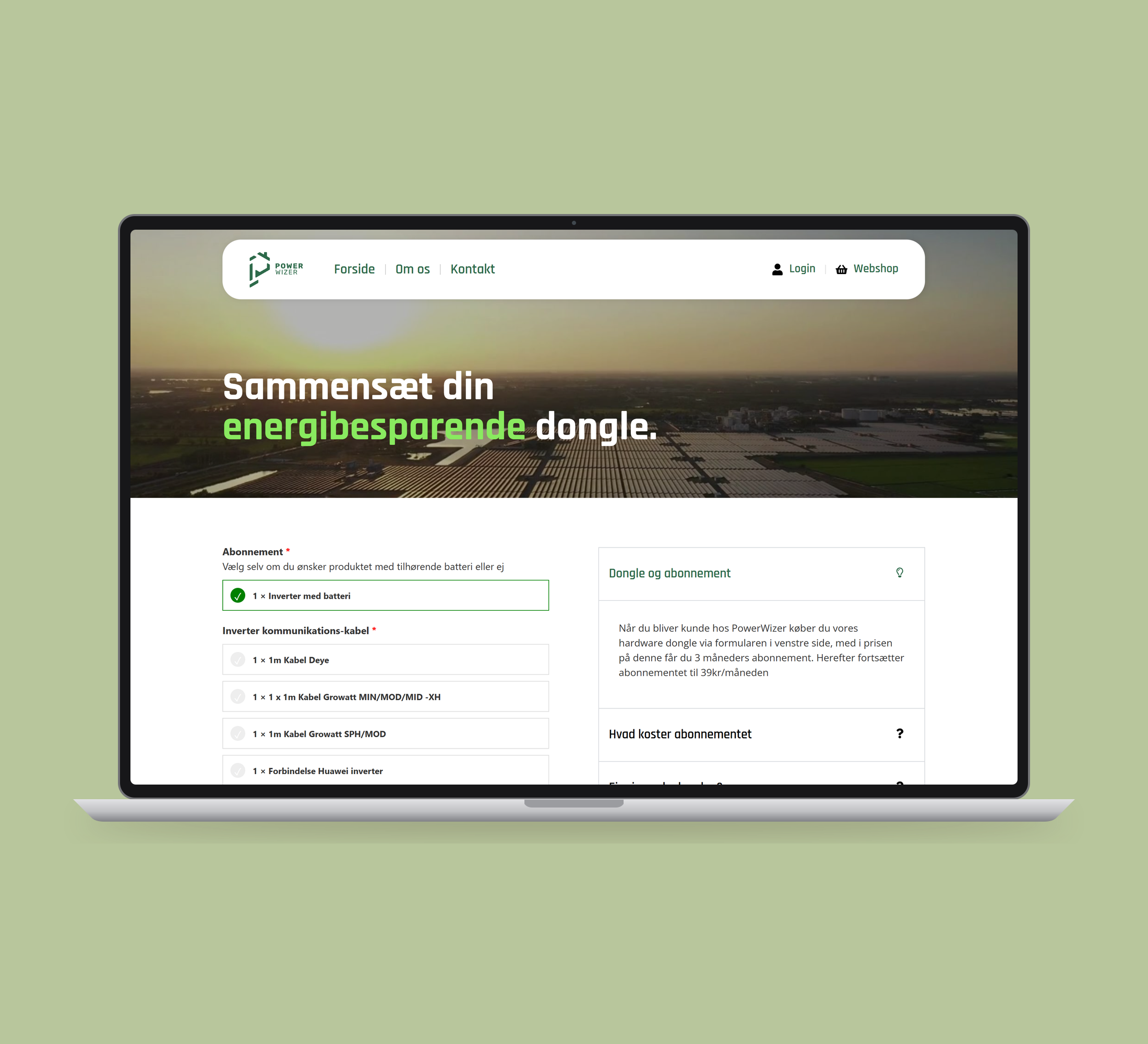 PowerWizer: dongle og produktvalg vist lige forfra på laptop på en ensfarvet studiobaggrund.
